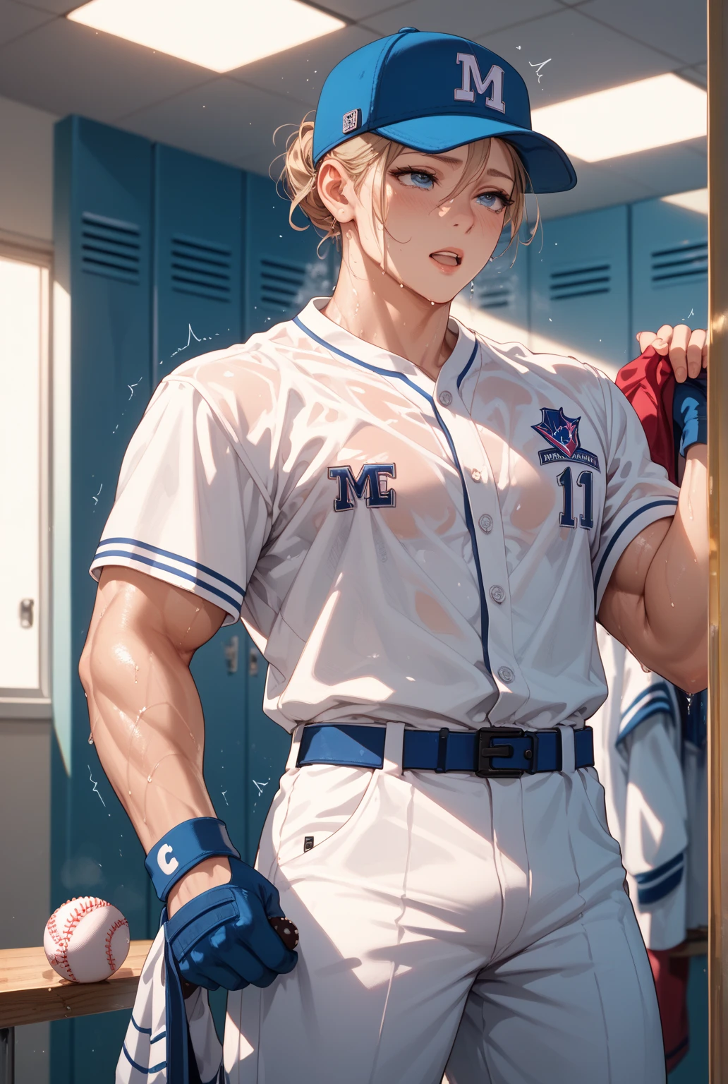Browsing Caution,(Petite),(Crossdresser),((Groin bulge)),Baseball uniforms,blonde low twintails,Plump