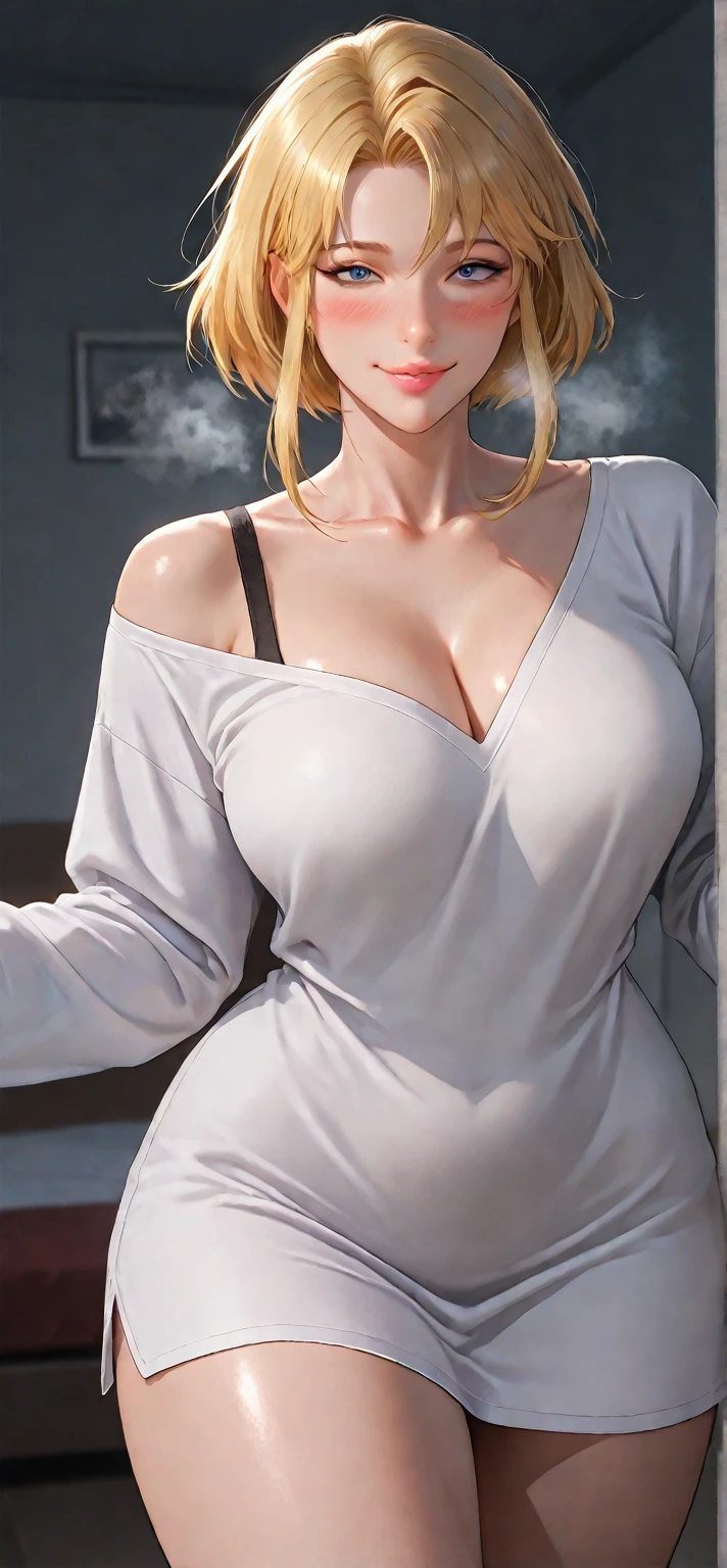 A stunning woman is standing in the room. her tempting lips naturally curves into light smile. her black lace bra is showing beneath shirt, her dark blue eyes locked directly onto the viewer's gaze. she has long white hair styled in single braid. Her hair intakes adds beauty,She tilts her head ever so slightly. She wears white dress shirt and black pencil skirt which highlights her big breasts and perfect, mature, anatomically correct body, the quality is high, and it is a masterpiece with clear lines, and clean lining, (lightroom:1.13), soft light, (natural skin texture:1.2), sharp focus, focused, (lightroom:1.13), soft light, (natural skin texture:1.2), (hyperrealism:1.2), sharp focus, focused,[[realistic]]