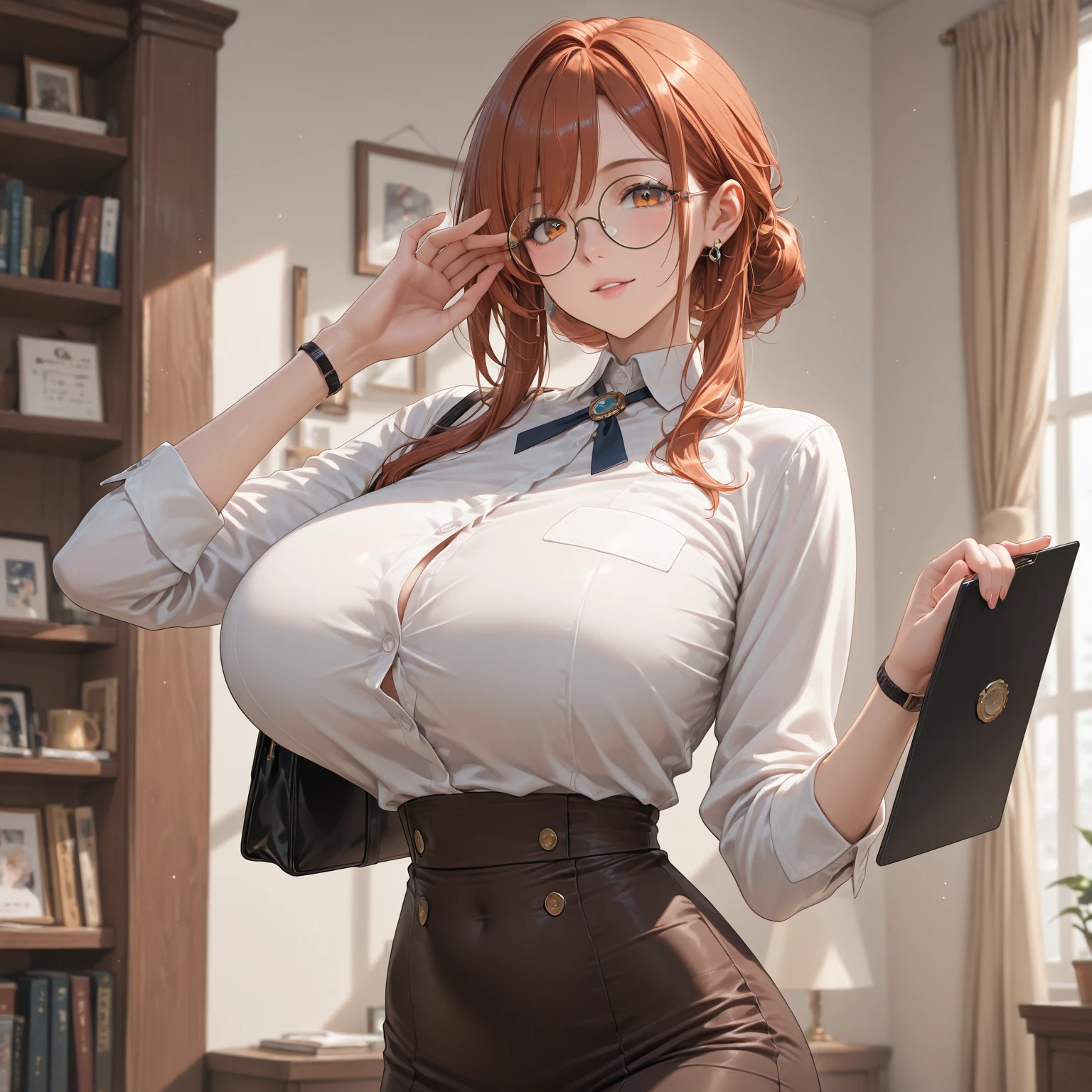 (masterpiece:1.5), (bestquality), (4K resolution), (ultra-detailed), (1girl:1.2), ((solo girl)), ((22 year woman)), ((red hair)), ((long hair)), ((hime cut)), ((blunt bangs)), ((pink eyes)), ((sexy curvy hourglass figure)), ((sexy large D cup breasts)), ((library background)), ((wearing fitted and sexy office uniform)), ((holding a book)), ((black thin-framed glasses)), ((full body)), ((best composition))