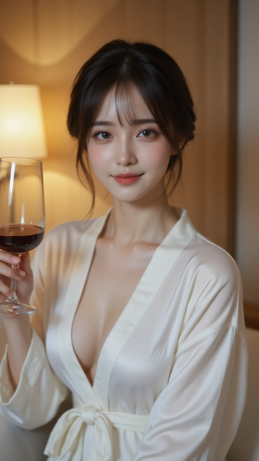 (masutepiece, Best Quality:1.4), Beautiful face, 8K, 85 mm, absurderes, ((Dark bedroom in the hotel))、(Wearing a thick white bathrobe:1.4), ((cowboy  shot:1.5))、((Shot from below:1.4))、((udder of medium size、cleavage of the breast:1.4))、violaceaess, gardeniass, Delicate girl, Solo,(((Ponytail hair:1.5)))、((Drink a glass of wine:1.4))、Night, Looking at Viewer, Upper body, Film grain, chromatic abberation, Sharp Focus, face lights, Professional Lighting, Sophisticated, (he looked at me with a confused expression:1.4), (Simple background, Bokeh background:1.2), Detail Face、