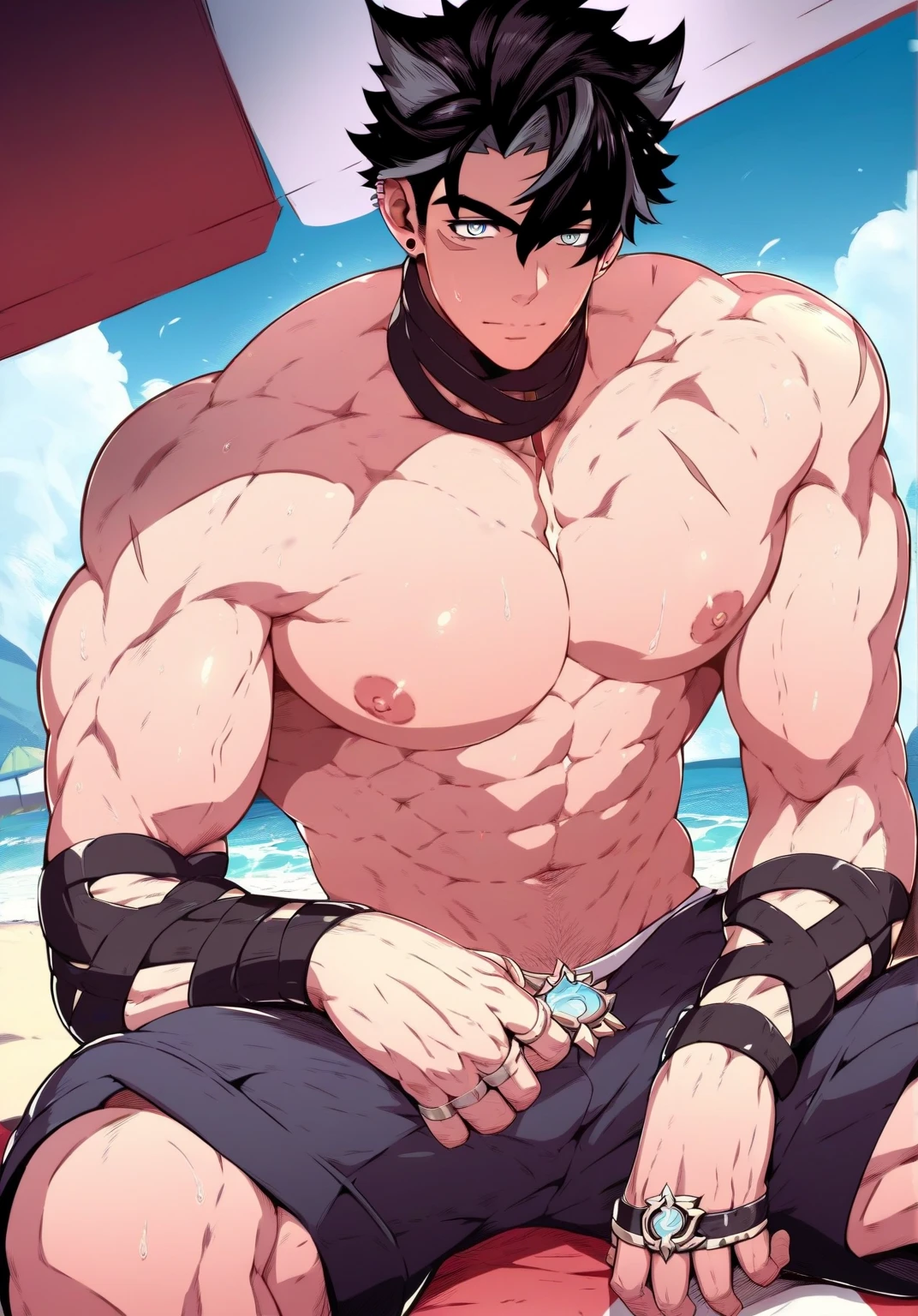 pele vermelha, bright pele vermelha, O menino corou timidamente , pele rosada, pele brilhante(musculoso thigh muscles )(Estilo anime Jujutsu Kaisen, arte) (Photo angle from bottom to top) (Photo angle from the ground up) [foto anime][foto da mais alta qualidade][4k,Qualidade de foto HD ] usar tangas justas e curtas ,the thong bulges due to the erect male genitals (musculoso thigh muscles, firm thigh muscles, musculoso thigh muscles, Sinewy thigh muscles, gigante thigh muscles, Strong leg muscles, musculoso hamstring leg muscles)(Thigh muscles bulging like it's about to explode, musculoso, Calejadas, Sinewy, gigante) , Yuji Itadori ,fun, Feliz,fisiculturista,bodybuilding, Standing, muito suor escorrendo para baixo, topless, not shirt, quente ensolarado, 8 Pacote ABS , short hair , olhos verdes