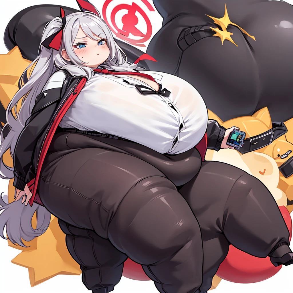 Fat cprebecca, colored skin, white skin, gree hair, twintails, artificial eye, slob body, colored sclera, red sclera, black jacket, bra, panties, small breasts, thick thighs, big Cheeks, cute and fat face, happy
