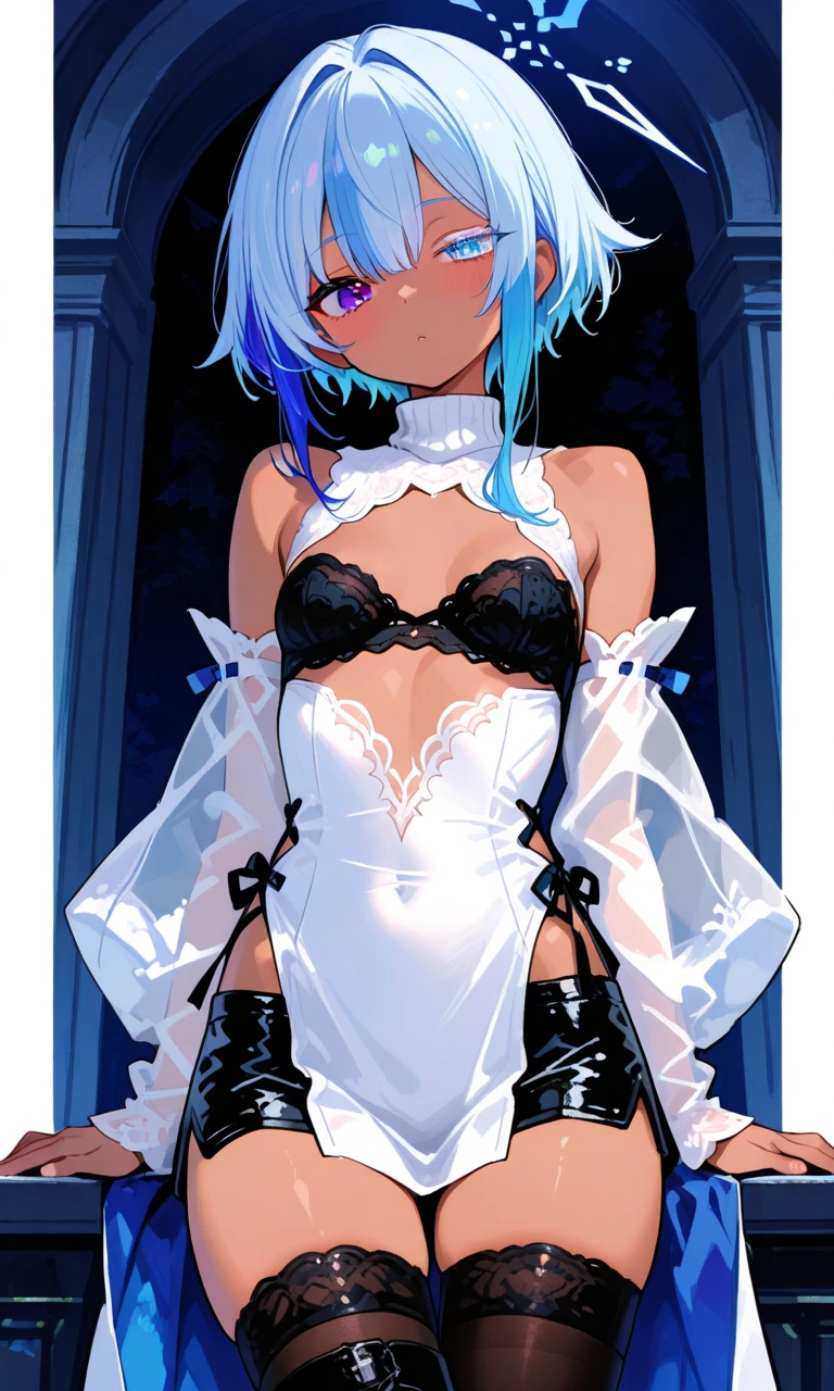 masterpiece, good quality,
1girl, solo,
<lora:Kaine-10:1> Kaine, hair flower, yellow eyes, single ring braid, asymmetrical hair, white hair, bangs, bandages, underwear, lingerie, negligee, gloves , bandaged arm, bandaged neck, panties, bandaged leg , thigh strap, black gloves, cleavage, elbow gloves, frills, high heels,
evil smile, ((from the side))