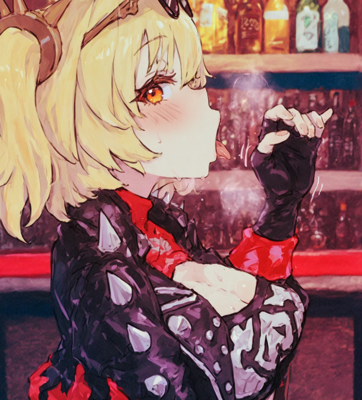 Dark-skinned girl with brown hair and blonde highlights, with black and pink scene clothes in her hand a can of monster and in her other hand a cigarette