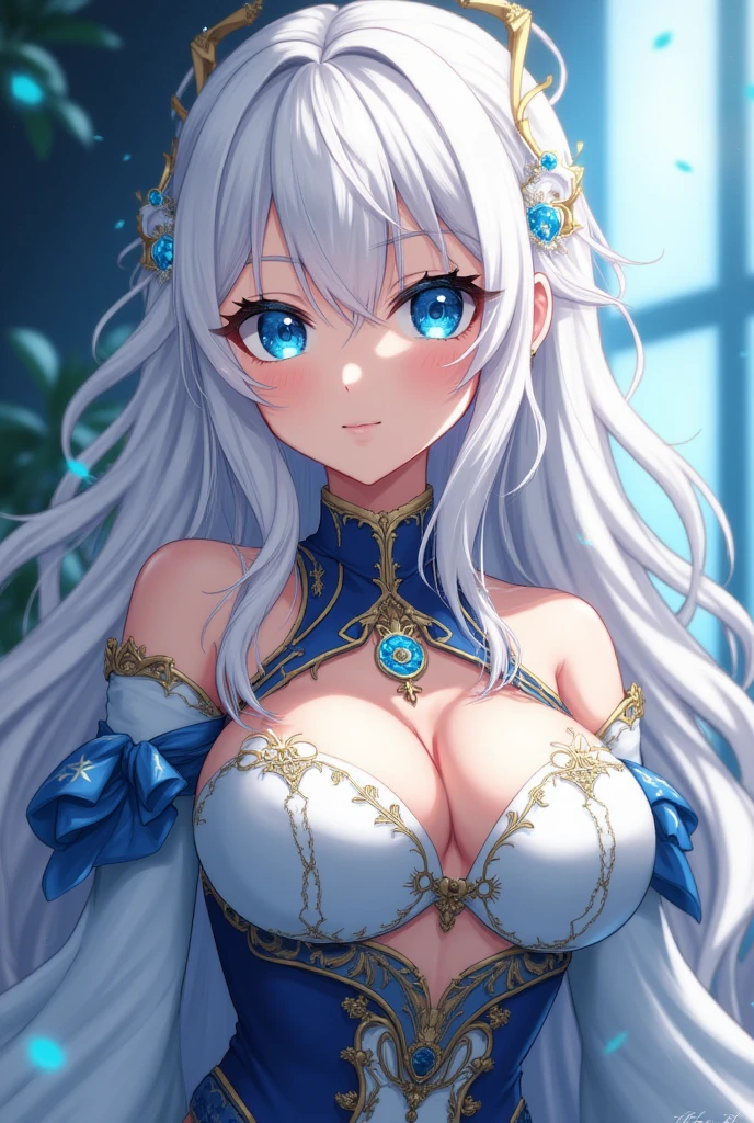 Beutiful women，long  white hair，blue color eyeessy hair，The large，The large，scantily clad