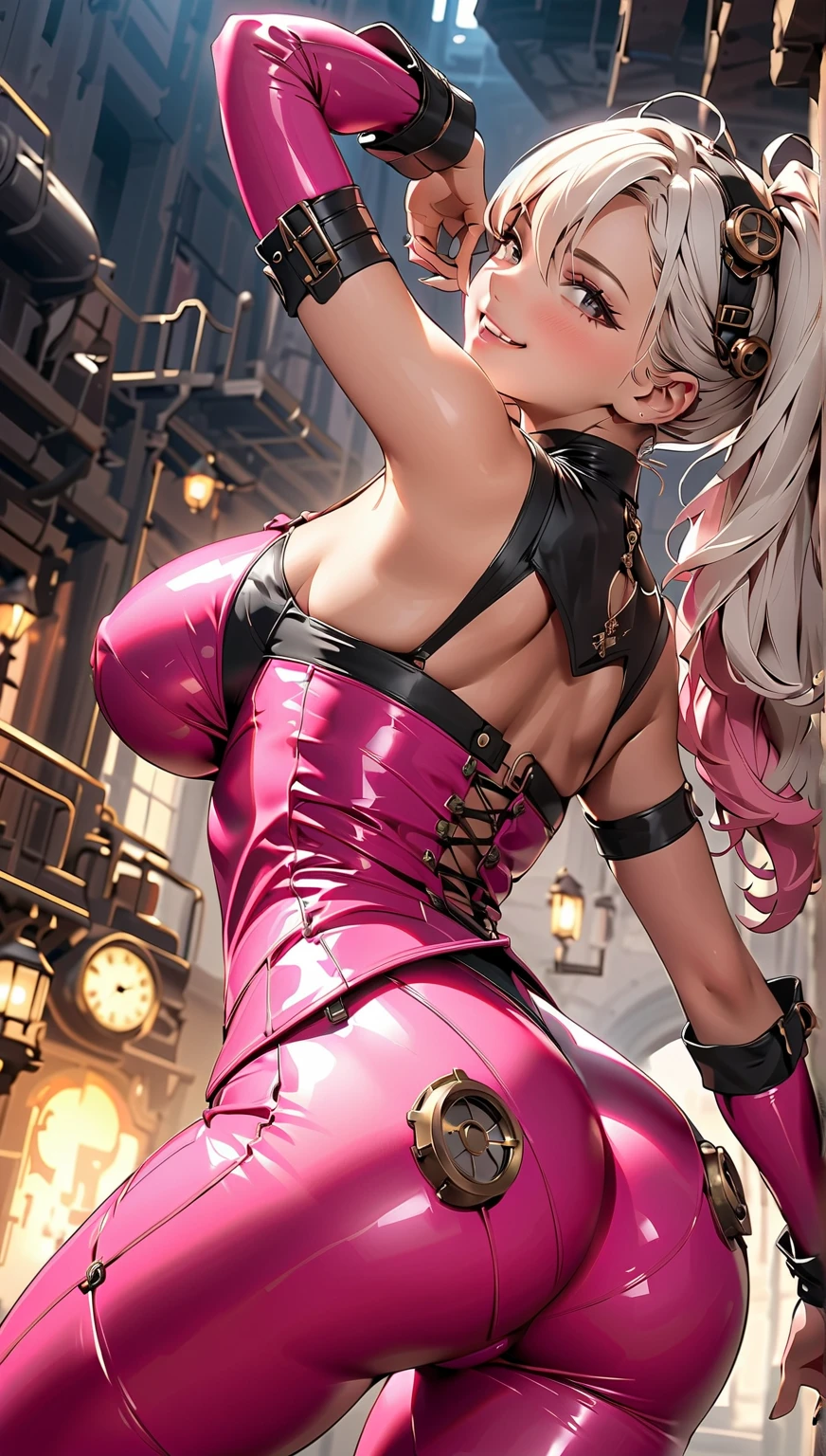 wavy blonde hair, pink highlights,pink thick lips, beautiful long legs, glowing skin, goofy smile,twintail, white bodysuit,((bodysuit with gold details)), gloves, golden neckline,full body standing,strapless dress,((heart shaped neck necklace)),city at night, on top of a building, watching like a hero,{((golden details throughout the costume))},),(((golde pointed shoulder pads up))).