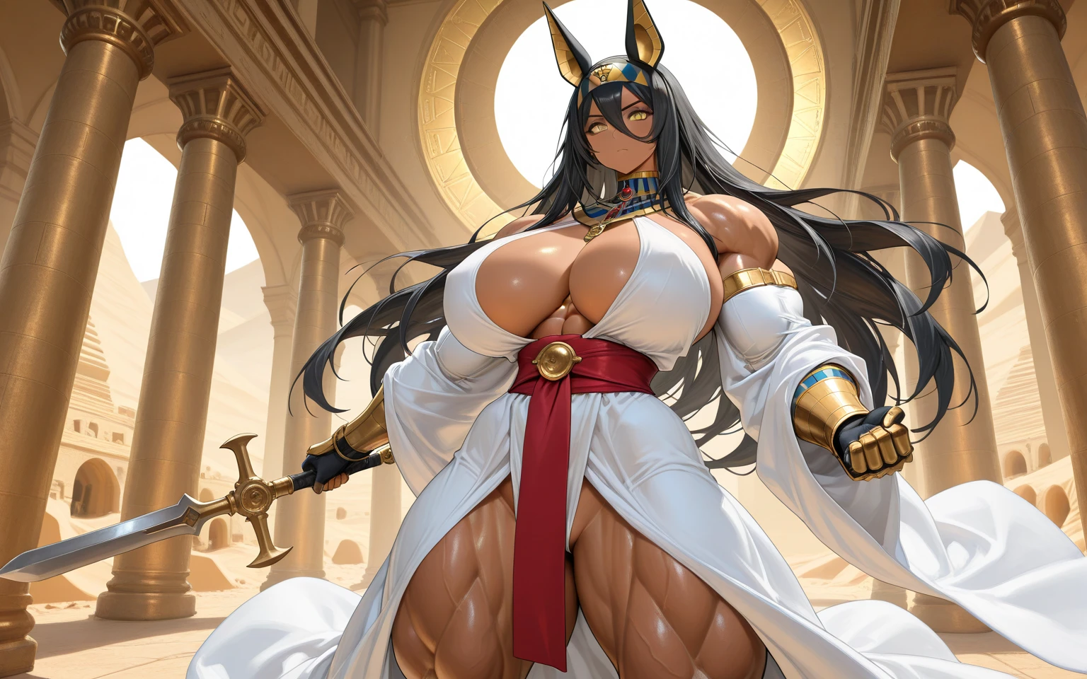 ((side profile)), ((full body view:1.4)), ((masterpiece)),(((best quality))), ((egyptian empress, mature face)), ((middle eastern eyes:1.4)), ((golden gown)), (((septum piercing)), defined cheekbones, high cheekbones, illustration, ((muscular:1.3)), ((gold:1.4)), sexy bimbo, (gigantic breasts:1.7) ((long Egyptian headpiece)), black hair, ((detailed face:1.4)) beautiful woman, (egyptian:1.4), colored skin, (black skin:1.4) , (red lipstick:1.4), shiny skin, ((skindentation)), scribbles and marks,(puffy lips:1.4) ,  (temple: 1.5), ( at night: 1.5), rough sketches, pose, 8k,16k, ( background, white background: 1.3) ((warm color palette)), ((future model aesthetic))