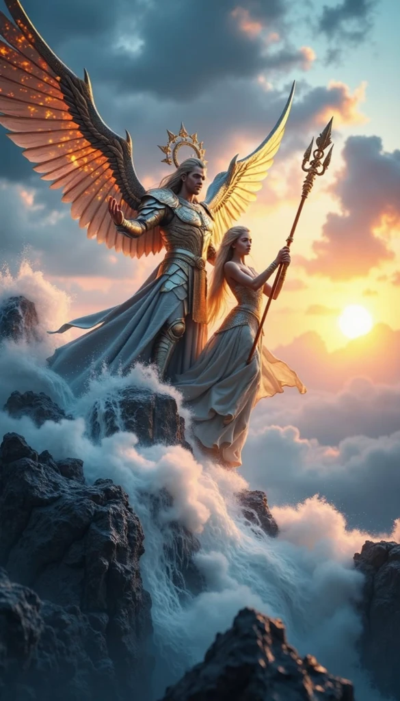 Athena, the goddess, with wings in the sky, thunder and trident in hand, throwing thunderbolts at her side. Zeus behind her, defending her, the god of Olympus. Both with dark hair and celestial eyes, imposing gods. And 3 more imposing gods at her side, fighting and throwing thunderbolts.