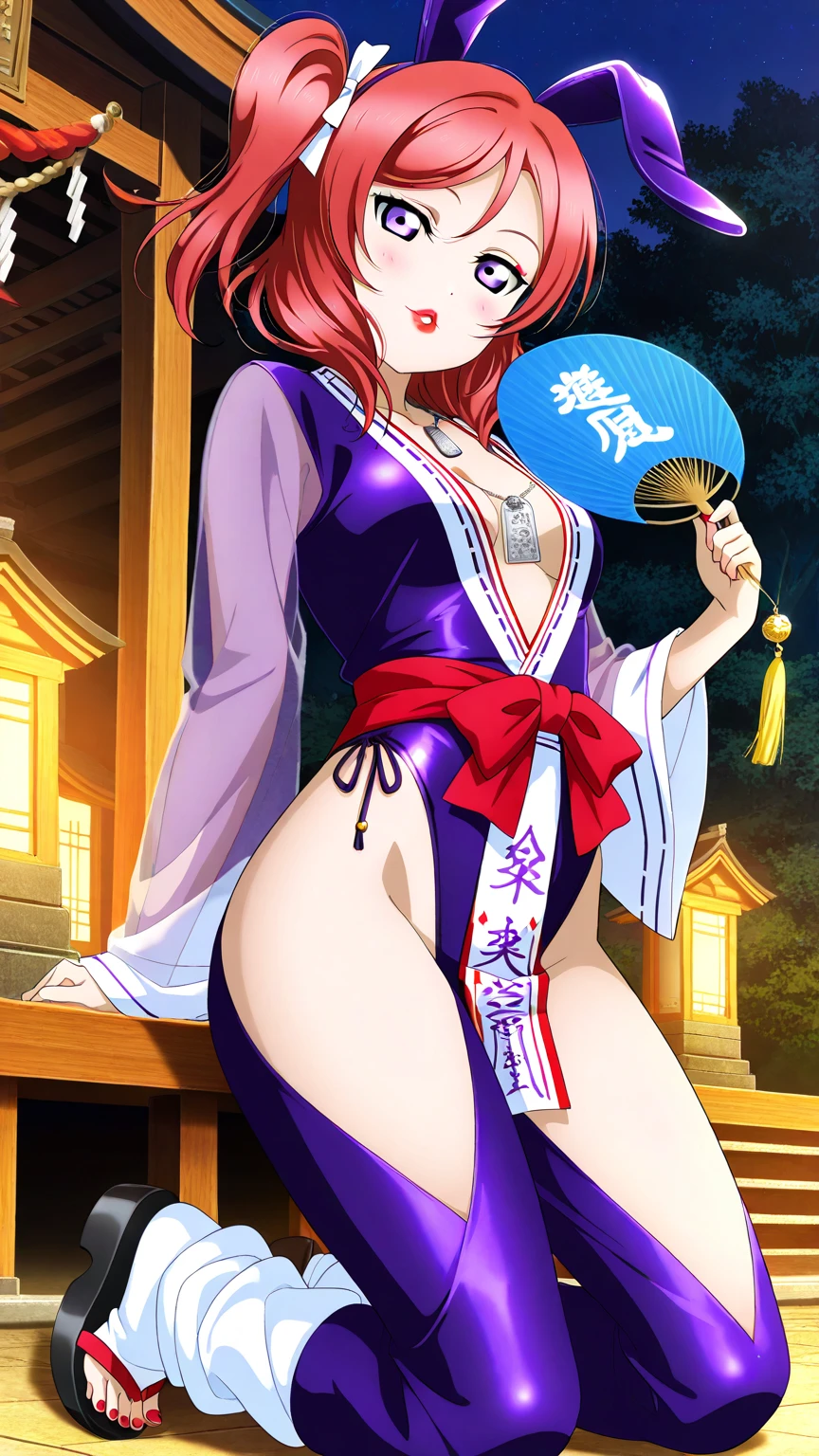 (​best quality,highres,masterpiece),Nishikino maki, purple eyes,breasts, looking_at_viewer, blush, bangs, large_breasts, strapless ,hair_ornament, thighhighs, flower, heart, thighs, cowboy_shot, white japanese_clothes, shiny, white_thighhighs, leotard, fingernails, shiny_skin, sash, tattoo, skindentation, highleg, thick_thighs, obi, ribbon_trim, highleg_leotard, legs_together, ribbon-trimmed_legwear, obijime, tomoe_(symbol), mitsudomoe_(shape)