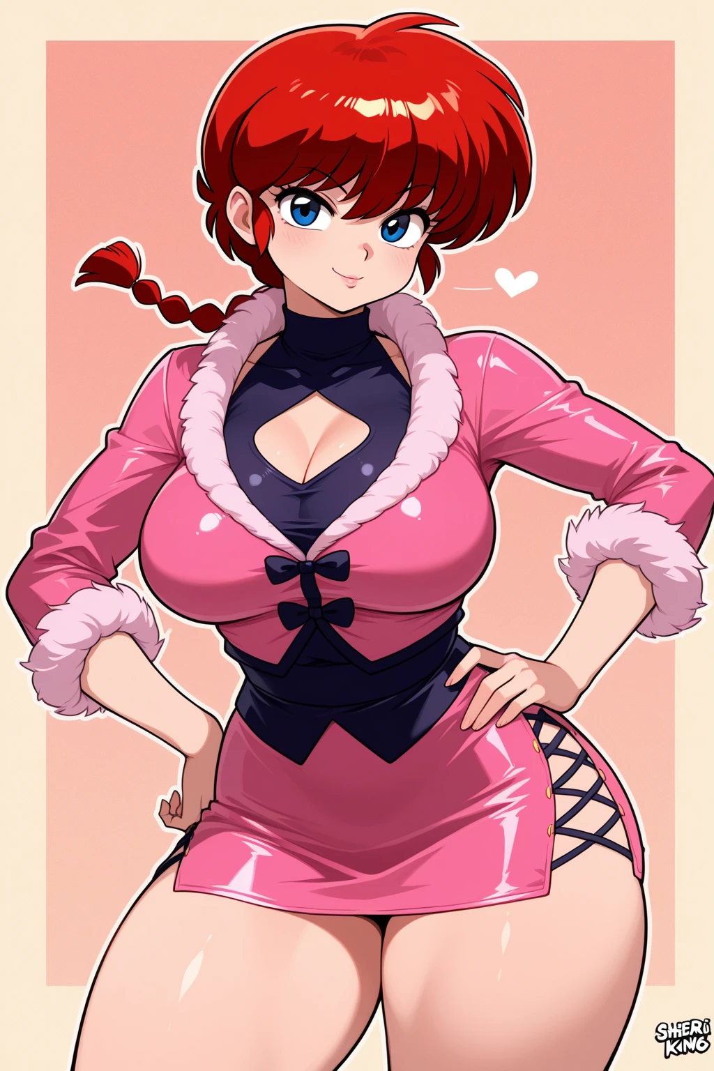 1girl, background, (ranma-chan), blush, red hair, big breasts, tomboy, one short pigtail, nighttime, hot breath, open mouth, dimmed lighting, standing, city, big ass, wide hips, toned body, wearing slutty prostitute outfit, micro skirt, midriff, prostitute, purple eyeshadow, (detailed fingers), thong peek, tight pink latex top, cleavage, ass, no bra, 5 fingers, pussy, cameltoe, pussy showing 