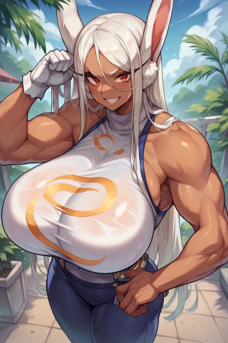 highres, masterpiece, BnhaMirko, 1girl, mirko, dark skin, leotard, animal ears, rabbit ears, dark-skinned female, red eyes, turtleneck leotard, rabbit girl, highleg, white hair, smile, from above, wet, water, head tilt, arm support, thick thighs, blush, white gloves, muscular female, artistic_angle, sexually suggestive, see-through leotard, sexy ,Big ass, Nsfw, Showing ass