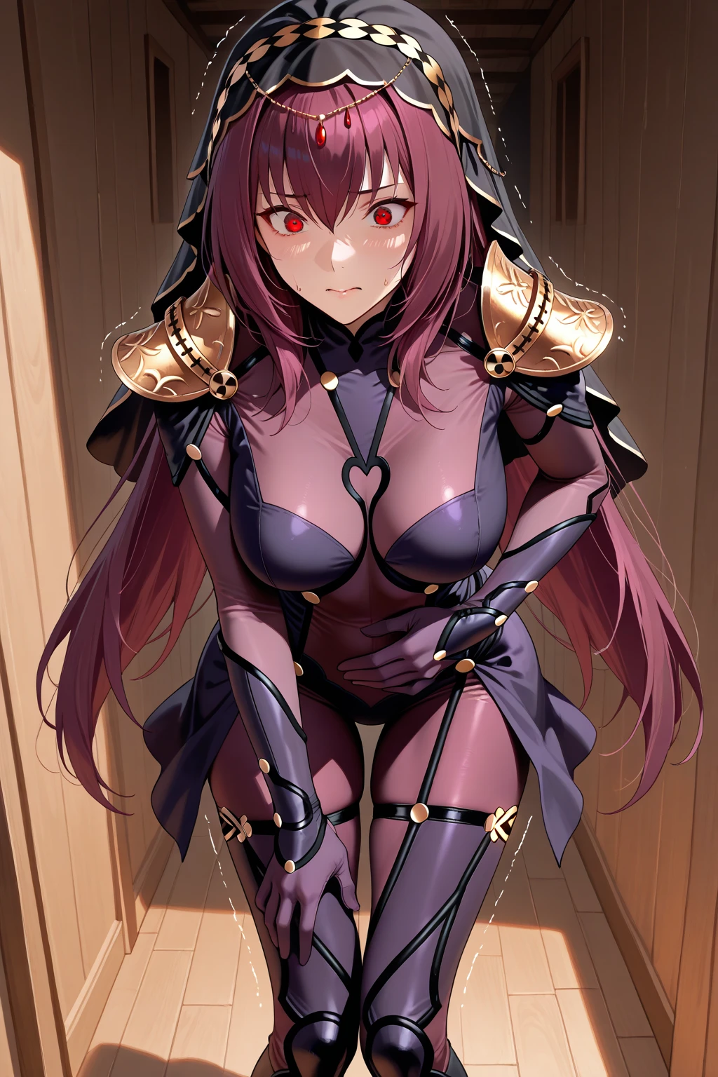 NSFW,Scathach、Long Hair、Purple Hair、(Red Eye:1.5),armor、Bodysuits、Scapula、パープルBodysuits、ショルダーarmor、Thighs、Embarrassed,blush,(Perfect hands),(Perfect ???????),(masterpiece),(highest quality)