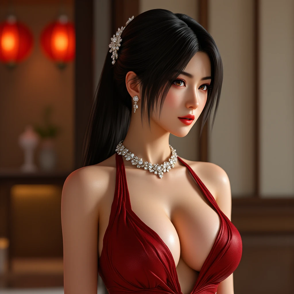 Penelope Cruz, highres,absurdres,masterpiece,best quality,original,extremely detailed CG,extremely detailed wallpaper,perfect lighting,long straight hair,looking at viewer,1girl,ancient castle on top of a mountain background,bare hands, long hair, blue Eyes, big breasts.
Sexy slit Red china dress, pookies 