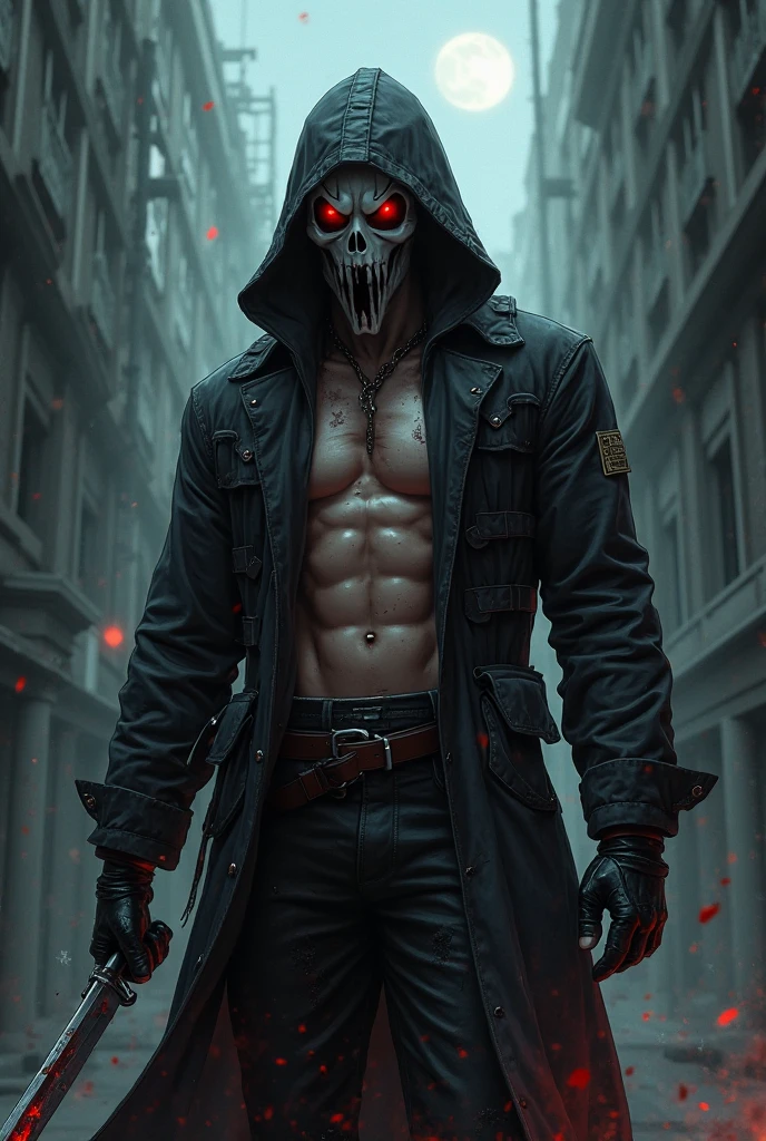 a strong man with defined physique, horror mask, macabre shirtless smile, holding a knife, standing in doorway of room at night, horror movie style illustration, dark moody lighting, dramatic shadows, highly detailed, cinematic, hyper realistic, chiaroscuro lighting, dark subdued colors