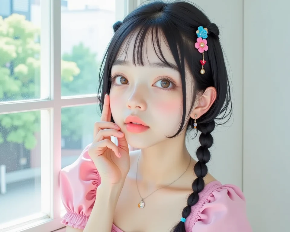 Hair color is black、The bangs are even、Hairstyle is half twin tail、The eyes are double、The dress is pale pink、Please make an anime-style image of a cute face with her chin under her hand and her eyes looking up.。