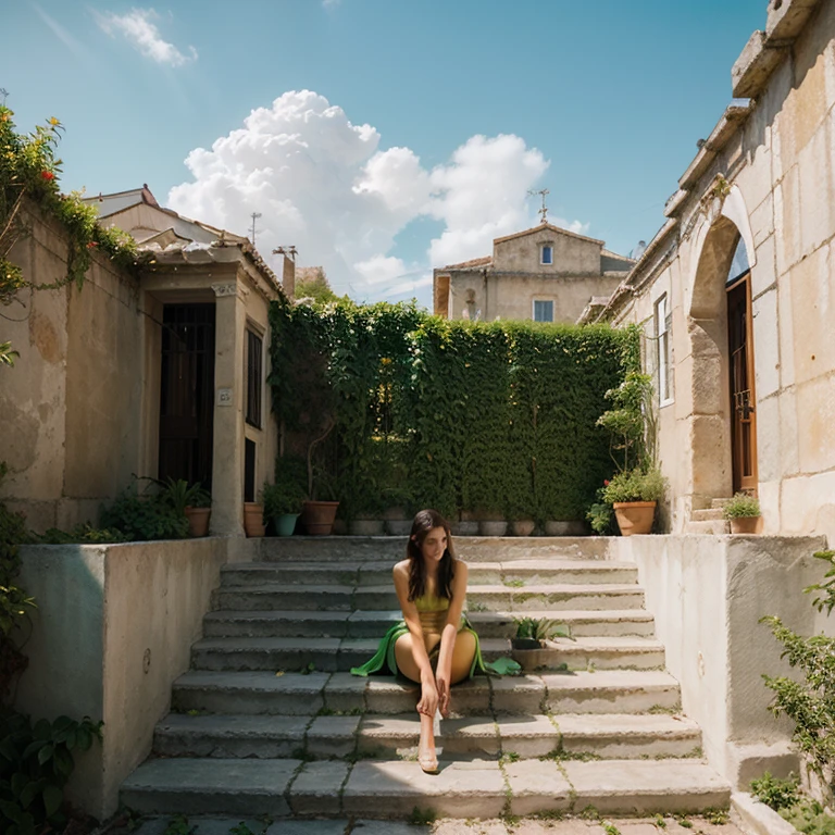 Create an image of a woman in a lush garden, surrounded by vibrant flowers and greenery, with sunlight filtering through the trees, casting a warm, golden glow