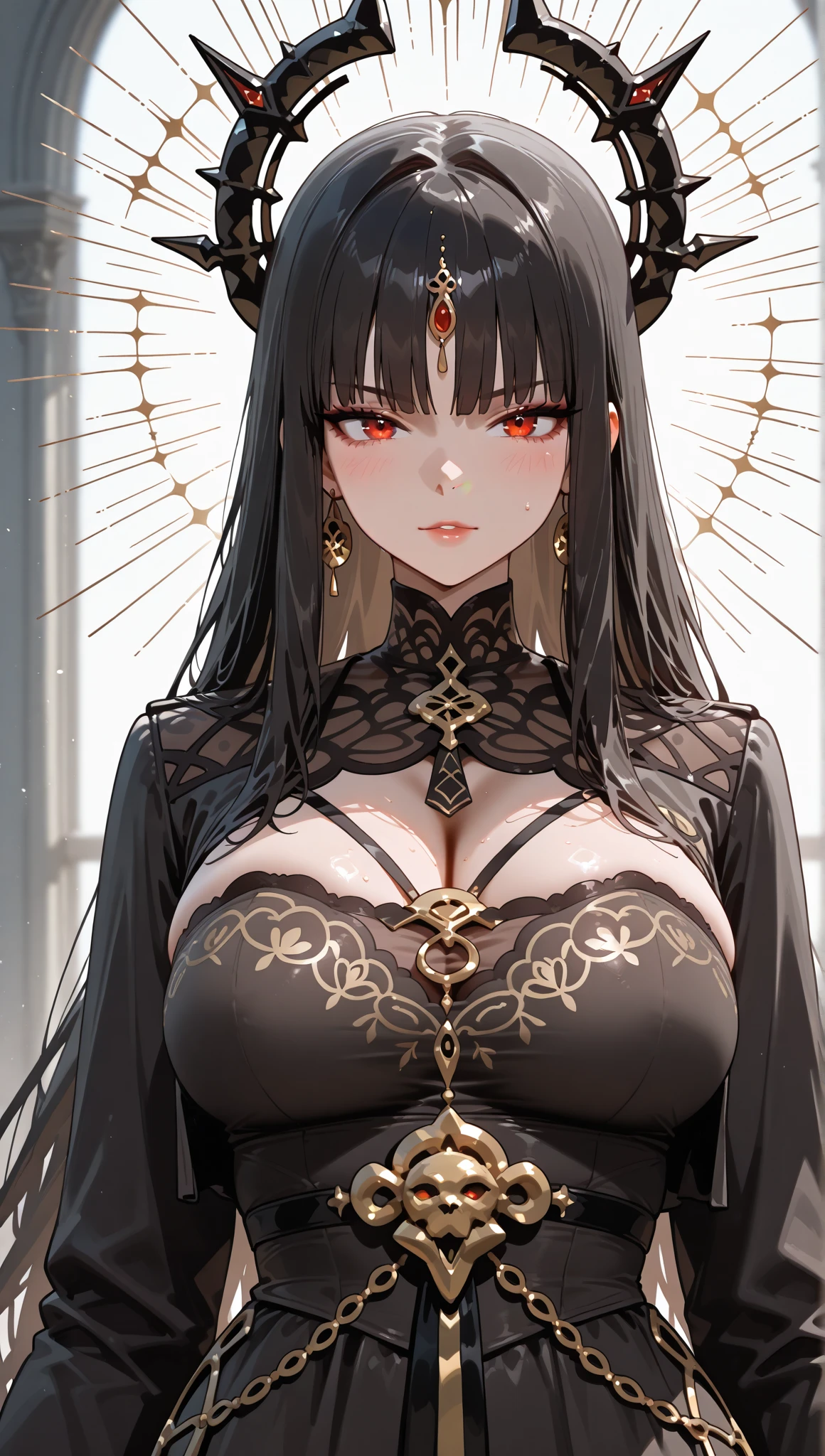 1girl, masterpiece, best quality, illustration, miracle tou, indoors, upper body, black dress, hair ornament, flower, cleavage, jewelry, looking at viewer, angry face , black hair, red eyes , naked breast, huge breast, big breast, big nipples, pointy nipples, pale skin, white skin, big areola, white color areola, white color nipples,