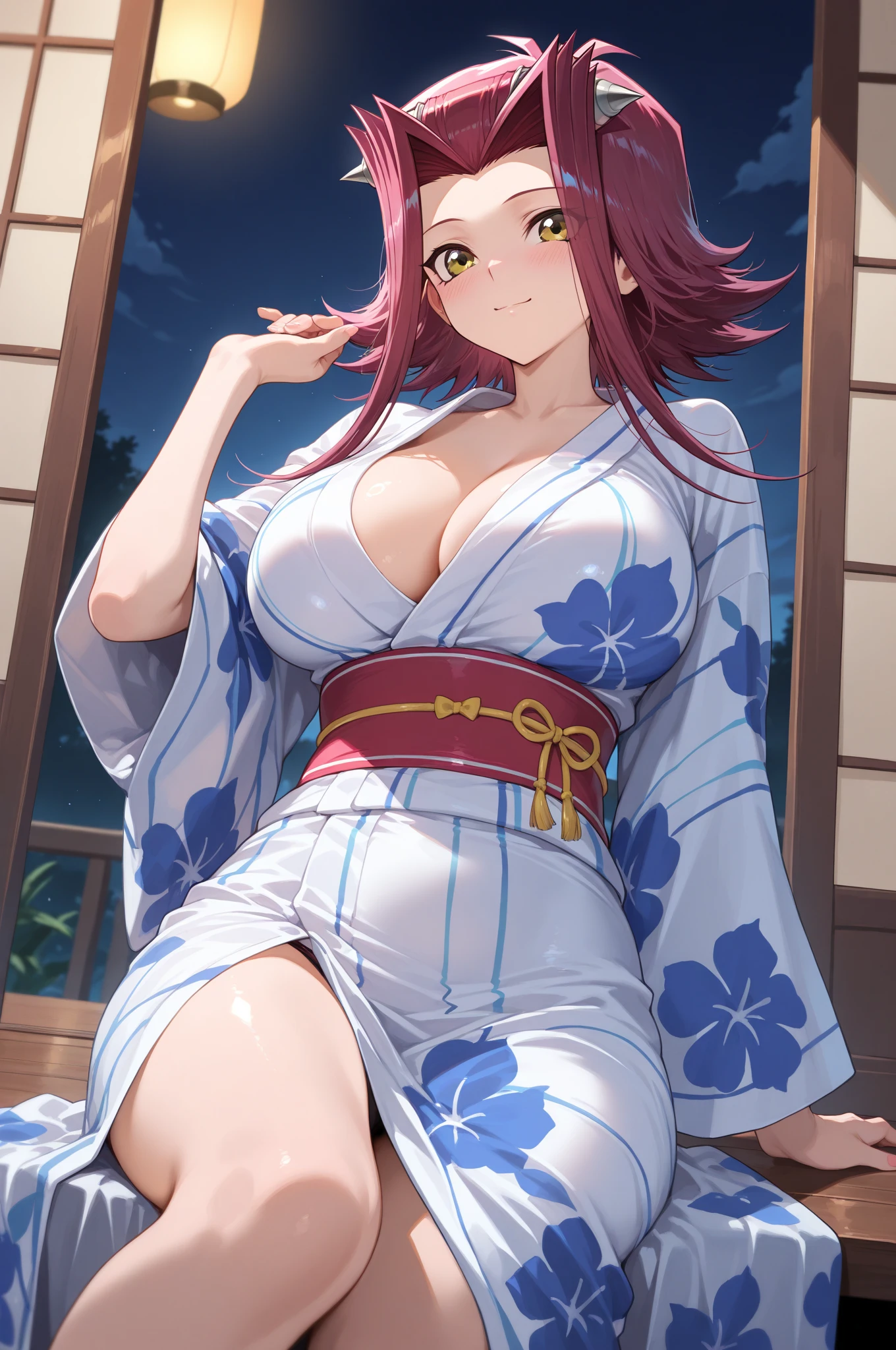 
solo, long hair, breasts, looking at viewer, blush, bangs, large breasts:1.6, hair ornament, cleavage, blue eyes, full body, clip on hair, laughter ,parted lips, japanese clothes, kimono, mole, mole under eye, kushina ,curve body,milf,motherly,mature female,night sky ,standing , leaning toward front,cross hand holding kimono,untied kimono, cowboy shot,kimono off the shoulder,oil skin, Milky white skin,wet dress ,wet body