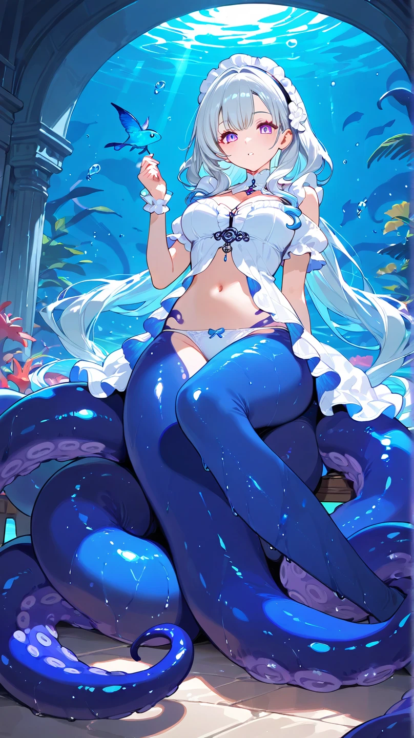 ((masterpiece, best quality)), Delicate face，Snake Woman，whole body，Perfect body proportions，Long legs，((Long wavy hair)), ((Half of her hair is white，The other half is cyan，Available in two colors))，beautiful eyes，Fantasy style，White background，transparent，Sex bikini，Lace，