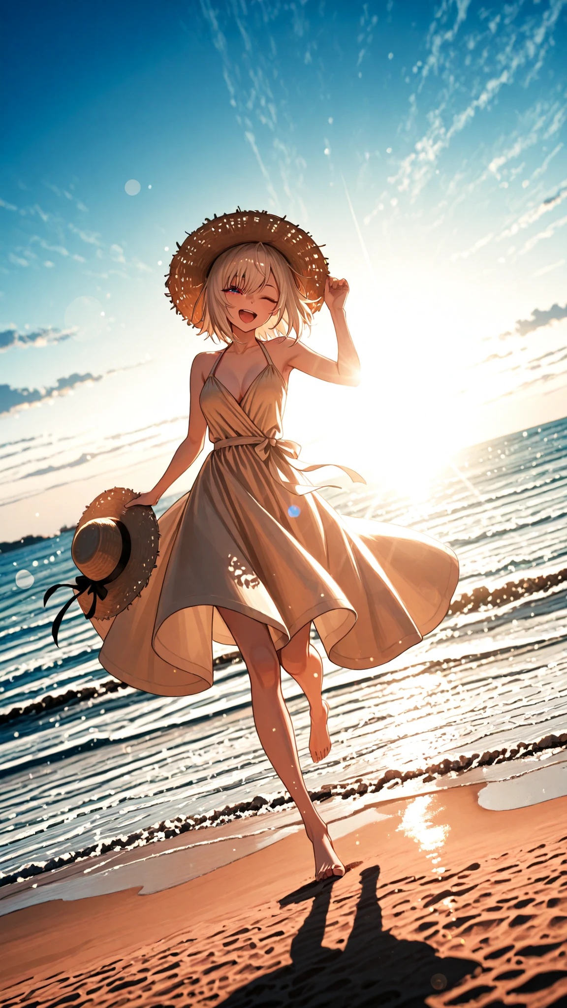 Woman Running with Her Dress Flipped on a Sandy Beach、wearing a straw hat、Hold the hat with your hands、Winking、I'm looking at this、Dutch Angle、 Sunny、Sun、Illuminating Light、lens flare、Scenery like a photo book of a gravure model、professional
