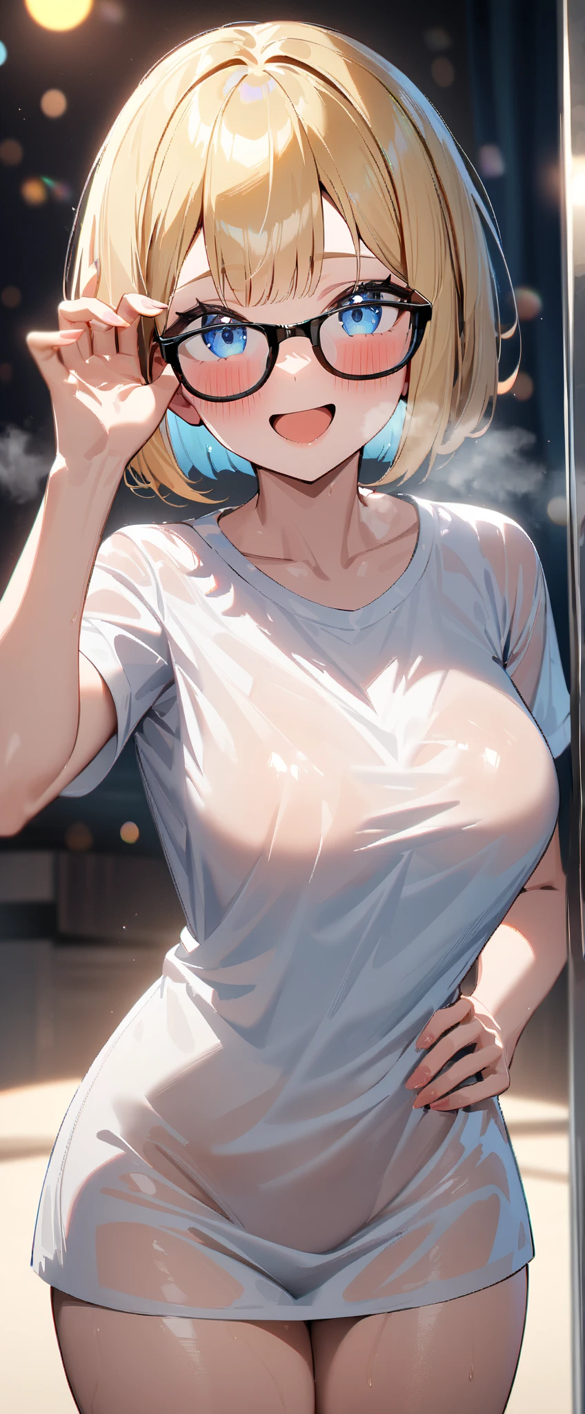 (((One Girl))), Blonde, Bobcut, (Cowboy Shot), ((sunglasses, hand to sunglasses)), (View your viewers), Focus on the face, teenager, Tilt your head:1.3, (((blue eyes))), ((Smile)), ((blush)), Contrasting, Place one hand on hip, (((Exposed skin))), School summer clothes, (((Bring your big breasts closer))), White shirt, ((See-through clothing:1.3)), Naked Shirt, , Anime Style, (Highest quality, 4K, 8K, High resolution, masterpiece:1.2, Super detailed, Super detailed eyes, High resolution, 超High resolution, Studio Lighting, Ultra-fine painting, Sharp focus, Physically Based Rendering, Very detailed explanation, Professional, Vibrant colors, Bokeh)、excited、Heavy breathing
