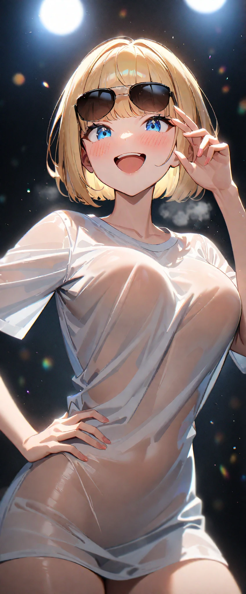 (((One girl))), blond hair, bob cut, big breasts, (cowboy shot), (looking at viewer), ((black shorts)), ((black crop top overhang)), face in focus, teenager, head tilt:1.3, (((blue eye))), ((happy smile)), ((blush)), arched back, ((arms up)), anime style, (best quality, 4k, 8k, highres, masterpiece:1.2, ultra-detailed, ultra-detailed eyes, HDR, UHD, studio lighting, ultra-fine painting, sharp focus, physically-based rendering, extreme detail description, professional, vivid colors, bokeh)