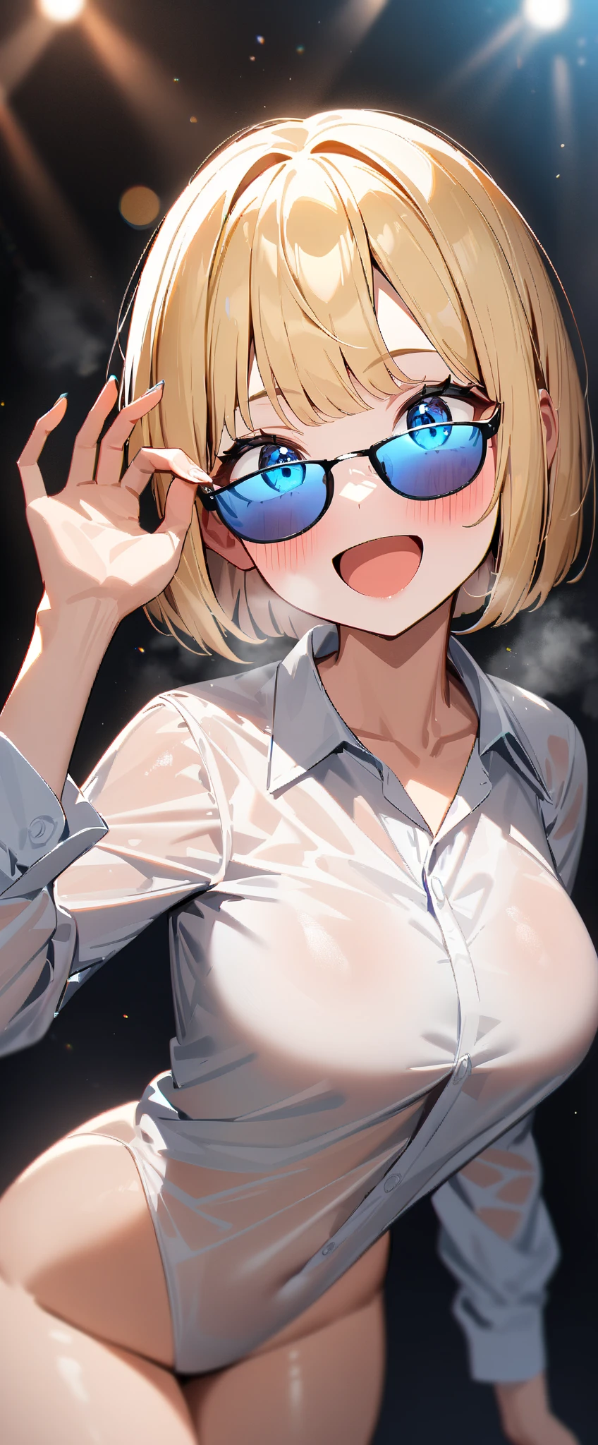 (((One Girl))), Blonde, Bobcut, (Cowboy Shot), ((sunglasses, hand to sunglasses)), (View your viewers), Focus on the face, teenager, Tilt your head:1.3, (((blue eyes))), ((Smile)), ((blush)), Contrasting, Place one hand on hip, (((Exposed skin))), School summer clothes, (((Butt))), White shirt, ((See-through clothing:1.3)), skirt, , Anime Style, (Highest quality, 4K, 8K, High resolution, masterpiece:1.2, Super detailed, Super detailed eyes, High resolution, 超High resolution, Studio Lighting, Ultra-fine painting, Sharp focus, Physically Based Rendering, Very detailed explanation, Professional, Vibrant colors, Bokeh)