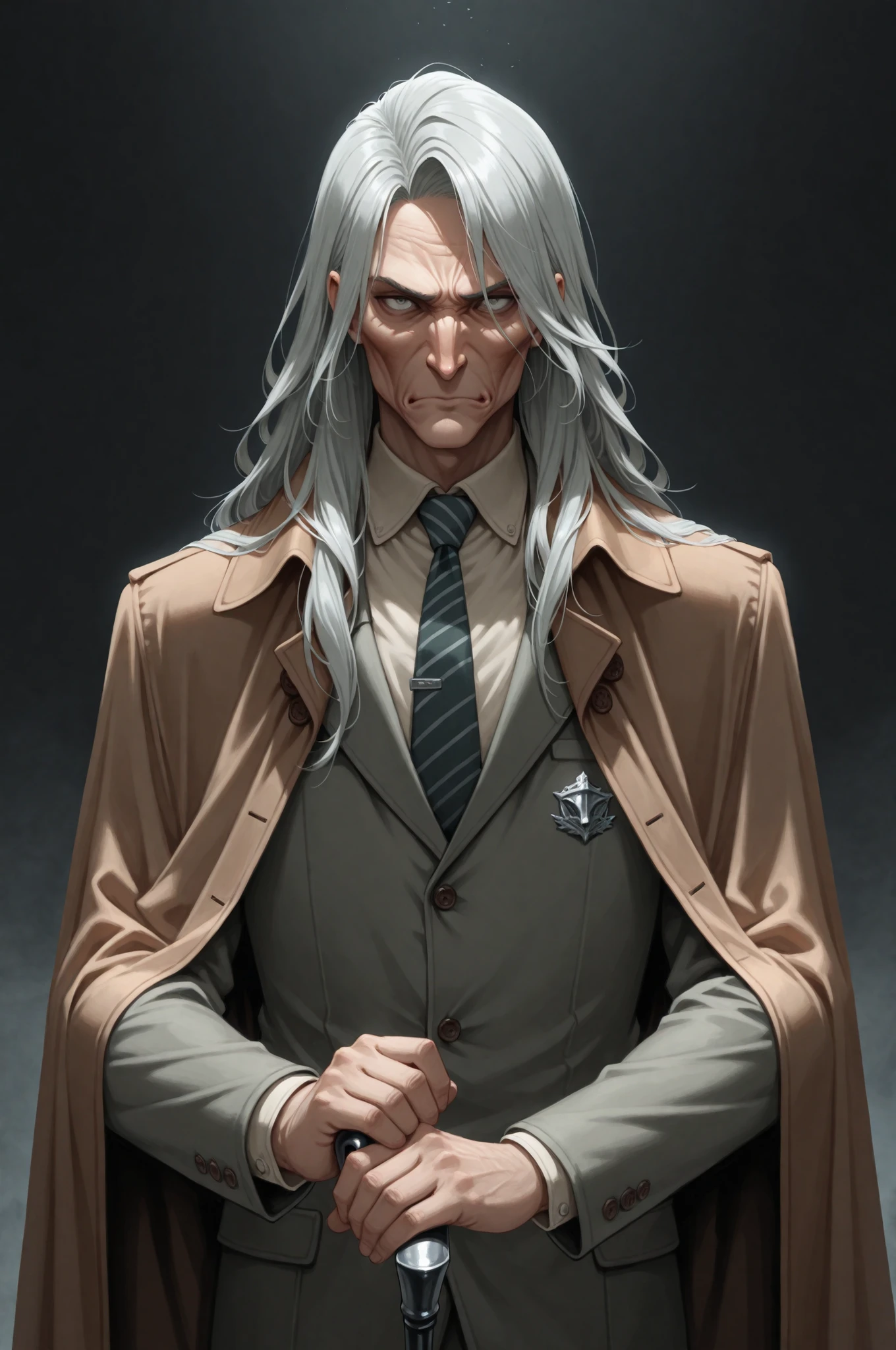 masterpiece,best quality, 1man,solo,male,elder,60yo,detective,long hair,shoulder length, Silver Hair,Gray-green eyes、sharp eyesight、high nose、Sunken cheeks,Suits,cape,cane,holding cane,upper body,