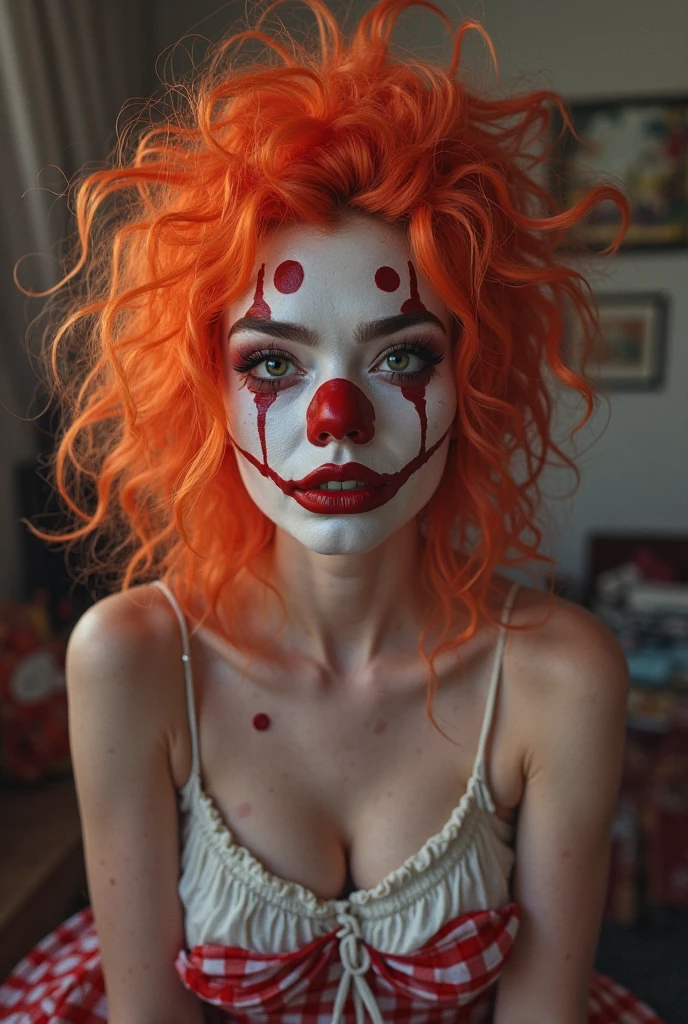 realistic portrait of a 25 year old woman, intense gaze, brown eyes, soft smile, freckles on her face, red hair, colorful tattoos, horror black tshirt, eyeliner, thin red lips, black skirt, silver accessories, jewelry silver, cloudy scenery, amusement park