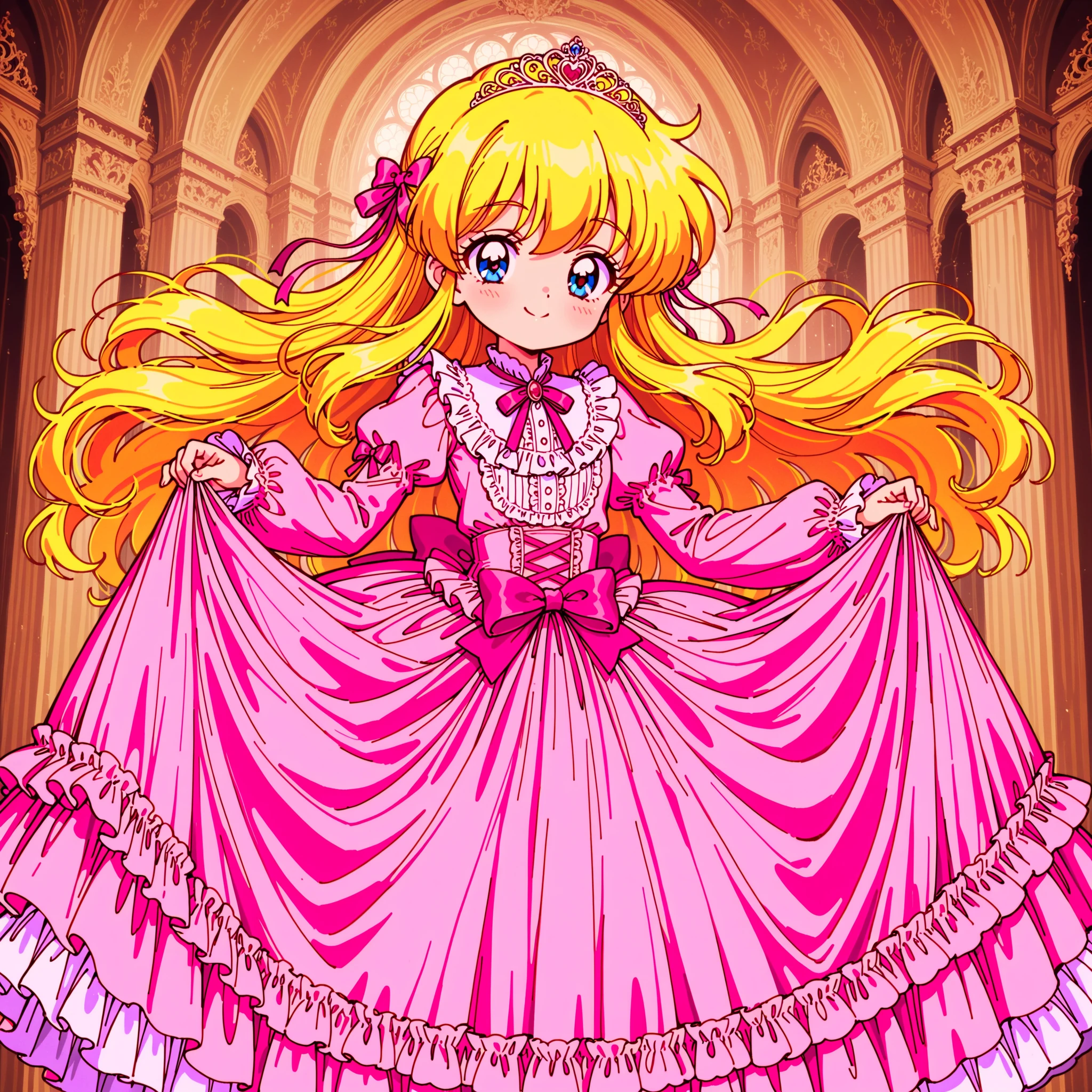 ((Lora.girls book story sdxl,retro anime,hi vision,)),A Cute Princess, she is smiling,((pink Silk Satin Victorian big Ball Gown Dress.:1.0)),baby face,short tall,long sleeves,The dress is decorated with lots of frills and ribbons., blond wave Long hair that reaches down to the waist,They are wearing princess tiara on the head,in the luxurious European rococo style palace,