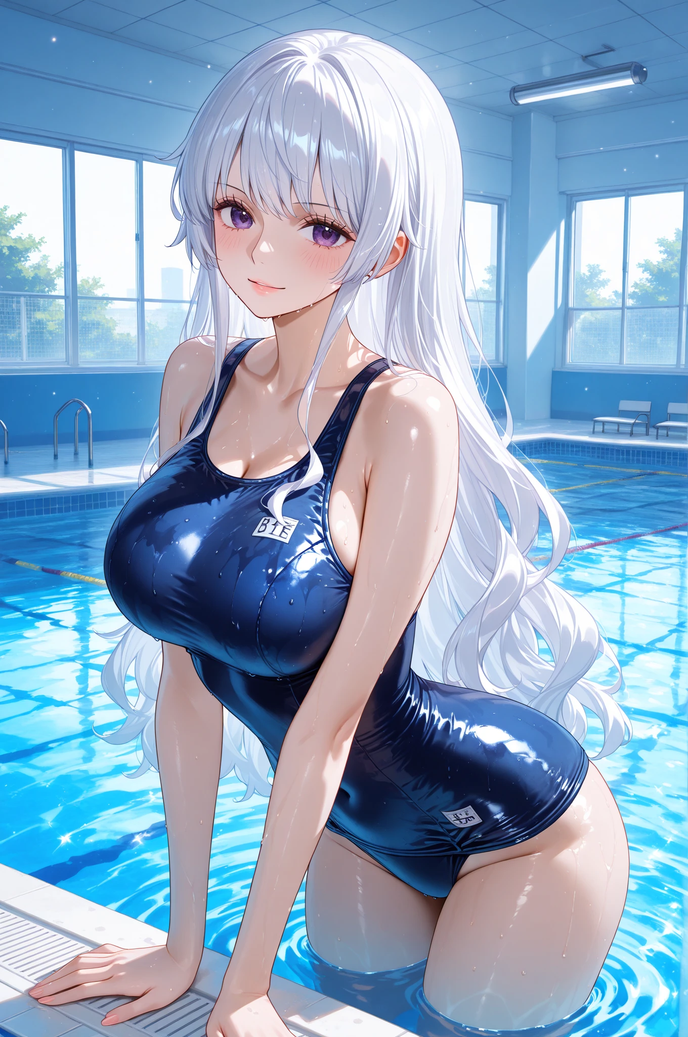 pieces fly、masterpiece、highest quality、Super detailed、High resolution、High resolution、8K portrait、Unity 8k壁紙のHigh resolutionCG、unity 8k wallpaper、cute type little:1.5、upon:1.5、Highly detailed CG unity 8k wallpaper、realistic、real person、cute type little、 portrait photography、shiny skin、High resolution、(18-year-old:1.3)、(1 girl)、beautiful clear eyes、very detailed explanation、delicate face、nice lips、slender body、thin waist、thin legs、(school poolside:1.6)、1 girl, cute type, perfect face, seriously, (blush:1.5),(silver long hair:1.3),(big breasts:1.3), same,(navy blue school swimsuit:1.3), ((With nipples 1.3)), Detailed description vagina,show vagina,spread legs,spread ,(((Orgasm in the vagina:1.3)))