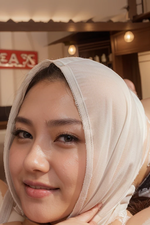 1 malay girl , wearing modern plain hijab but naked, shy , watery eyes ,droopy eyes, watery, lip glossy, horny face, puffed breast, seductive pose, ample cleavage, sensual lips, perfect makeup, grooming, eyelashes, double eyelids, in sauna, proportional body, (full shot), (Realistic, wallpaper, masterpiece, nsfw), smooth light and rendering