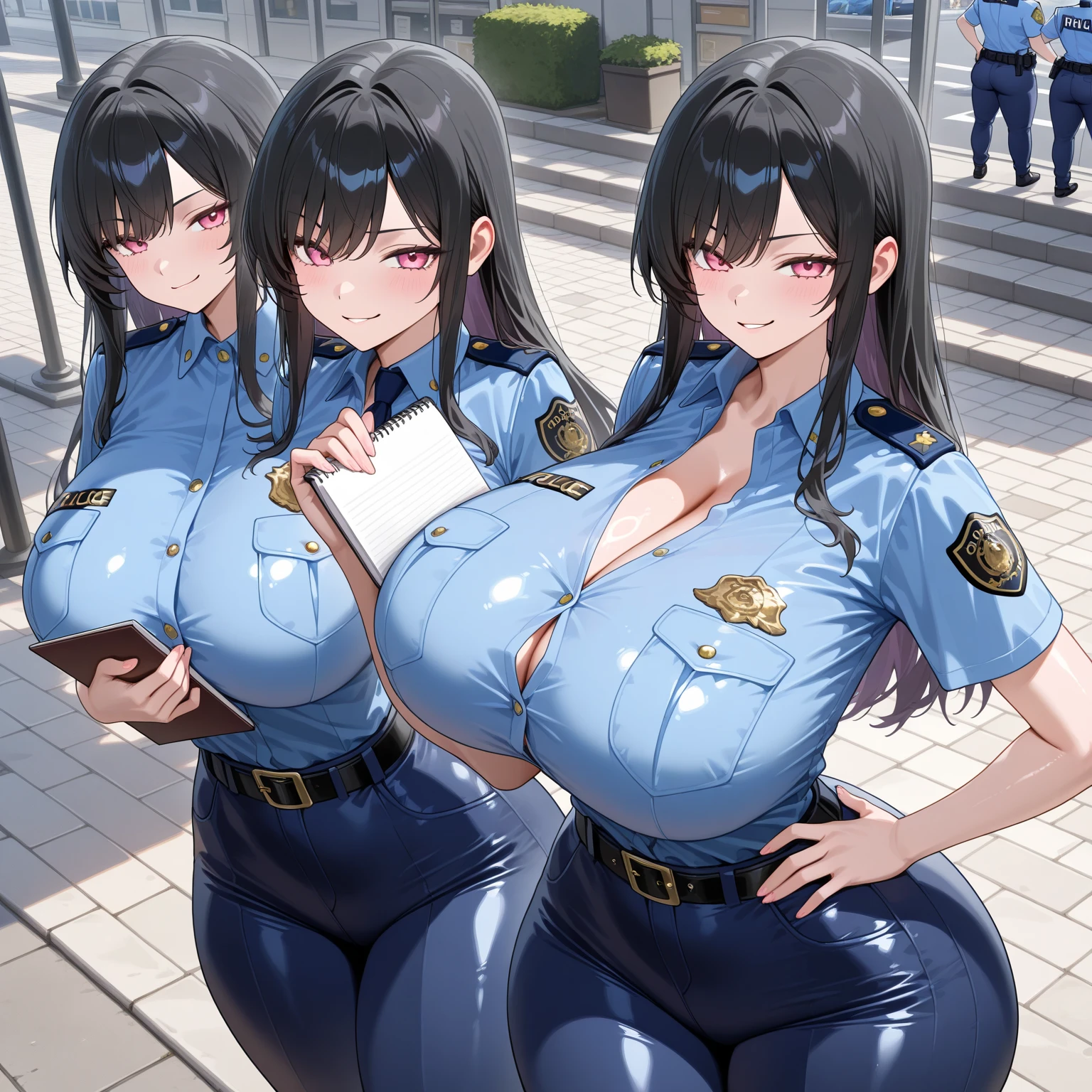 Super detailed、huge breast、,smile,three big woman side by side、bare breast,Police Officer