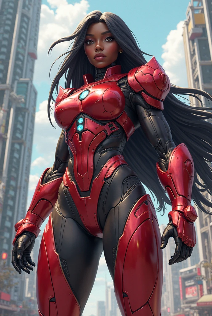 Black Girl/Image with Full Resolution/Quality/Sharpness/, Unreal Engine 5/Power Rangers/Tokusatsu/Mortal Kombat/Super Metroid, Cartoon/Disney/Dragon ball/Style, ((a single woman/big breasts1/helmet/belt/Mega Man-X/Kamen Rider/Spiderman)), mohawk long hair, looking at viewer, pose, She is in a futuristic destroyed city raining very heavily.
