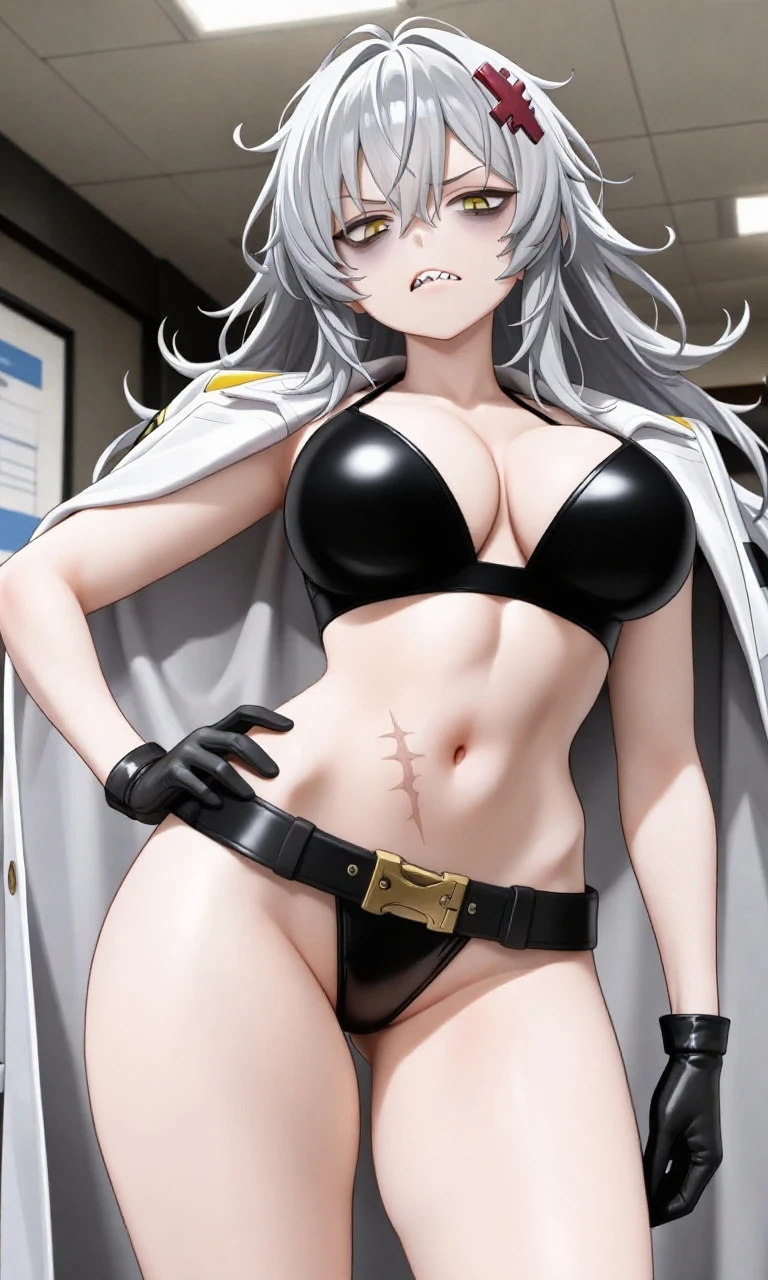 ((BLACK BACKGROUND1:2)) masterpiece, best quality, high quality, 1solo white SKIN, long hair, blonde hair, yellow eyes, full body, black bikini, looking at viewer, shiny, black thighhighs, high boots,shoulder armor, faulds, poleyn, gloves, gauntlets, FEET TOGETHER STANDING SYMMETRICAL, Roxxane female big knockers bikini