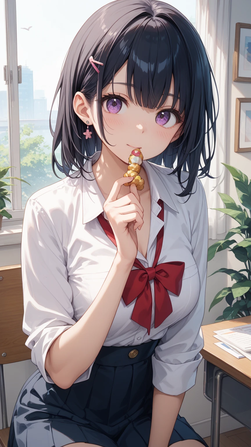 A blushing female student eating ice cream