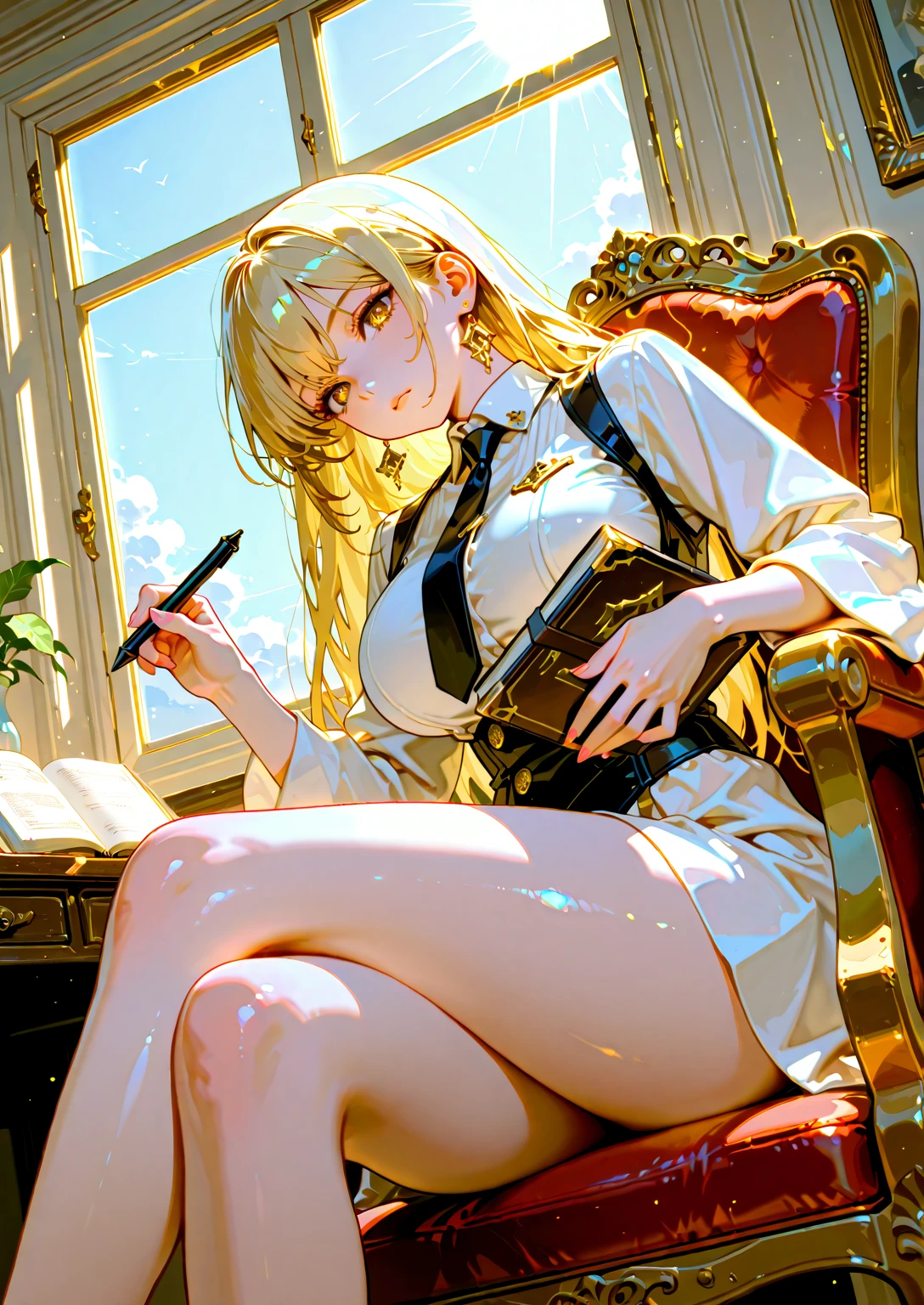 (Masterpiece:1.2), Best Quality, (illustration:1.2), (ultra detailed), hyper details, (delicate detailed), (intricate details), (cinematic light, Best Quality Backlights), Delete line, from below, soloist, perfect body, (1 girl), A young blond woman wearing a t shirt and pleated mini skirt relaxes on a sofa with her feet up watching tv with a glass of wine on a coffee table, (make up), High contrast, (better lighting, an extremely created and beautiful), (cinematic light), showy,