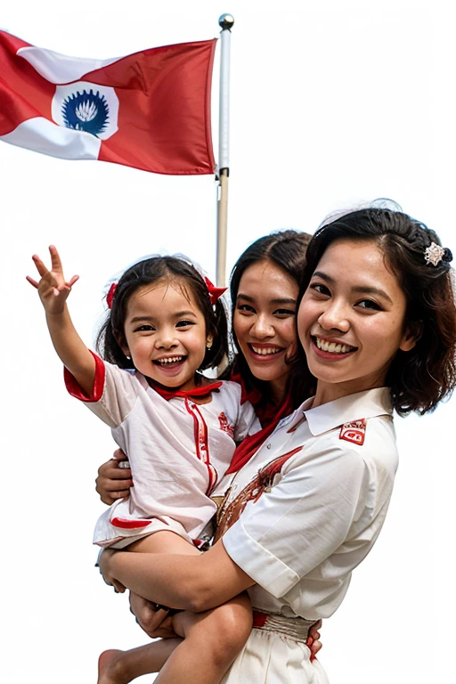 UHD, A photography of "+62" which is written on the shirt which is designed for happy independence day of INDONESIA which is wearing by a beautiful teen girl, holding Indonesian flag