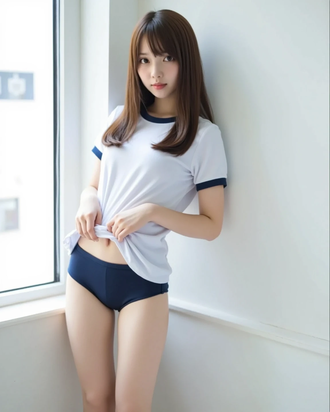 NSFW, (masutepiece, 8K, Photorealistic, Raw photo, Best Quality, sharp: 1), (1girl in, Solo:1.1), Highly detailed face, Beautiful face, (Realistic face), Beautiful hairstyle, Realistic eyes, Beautiful detailed eyes, (Realistic skin), Beautiful skin, 超A high resolution, A hyper-realistic, Highly detailed, (pureerosface_v1:0.2), (European Preteen:1.2), (Japan Preteen:0.7), (age 16, Pretty girl:1.3), (Lori:1.3)High Nose, Slim body, Slender girl, Detailed Muddlebust, Slim thighs, Slim legs, small hip, (Tight white t-shirt:1.3), show underboob, half undress, ((Tight navy bloomers)) (Short bowl cut, Blunt bangs), ((in girls locker room)), (Looking back), , (From above:1.0), ((prone bone, Benches)) focus ass,