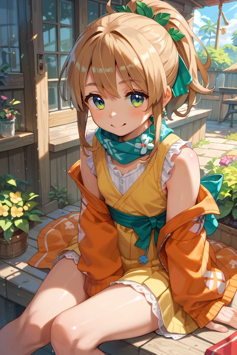 masterpiece, best quality, absurdres, perfect anatomy, 1girl, solo, Kagamine Rin, short hair, hair ribbon, indoors, kimono, hair flower, floral print, wariza, sitting, hands on own knees