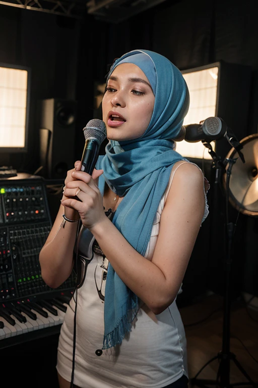 Create a highly realistic, high-quality image of a british woman wearing a hijab and syar'i attire combined with a winter jacket. She is in a recording studio, preparing to sing. The setting should include typical studio equipment like a microphone on a stand, headphones, and soundproofing panels on the walls. The lighting should be soft and focused on her, highlighting her expression of anticipation and passion for singing. Ensure that her traditional attire and the winter jacket are detailed and visually harmonious. The overall mood should be inspiring and professional.