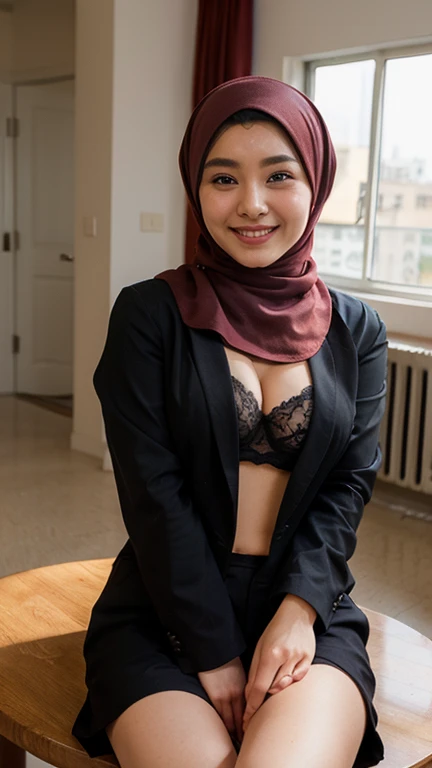 Indonesian girl, 20 years old, short hair, folded up georgeus long sleeve dress, rolded up long muslimah skirt, hijab, siting down straddle spreading legs, thin lace panty exposed, sweet cgarm smiling,