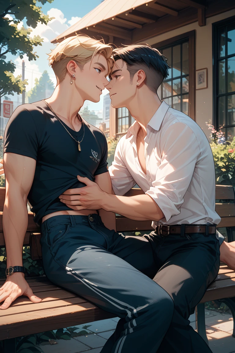 Dos chicos gay en ropa interior transparente acariciandose en una cama blanca con petalos de rosas rojas.