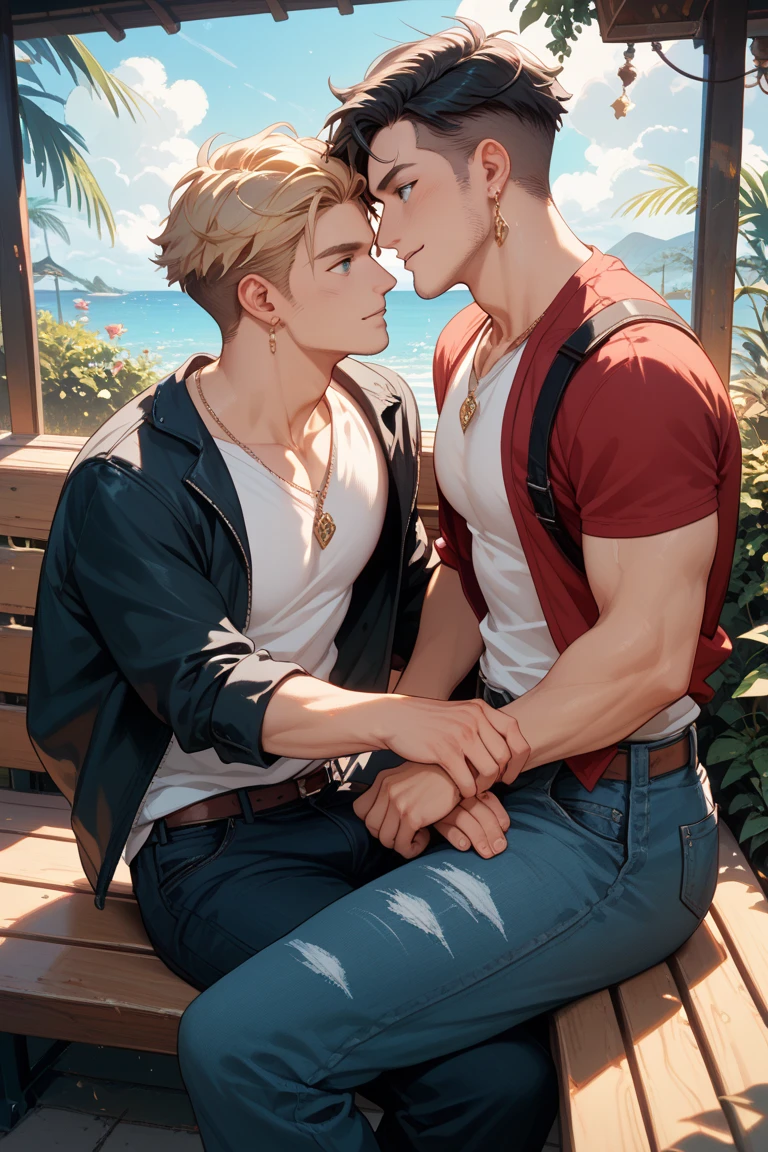 Boy with short dark hair and beard with his long blonde hair girlfriend