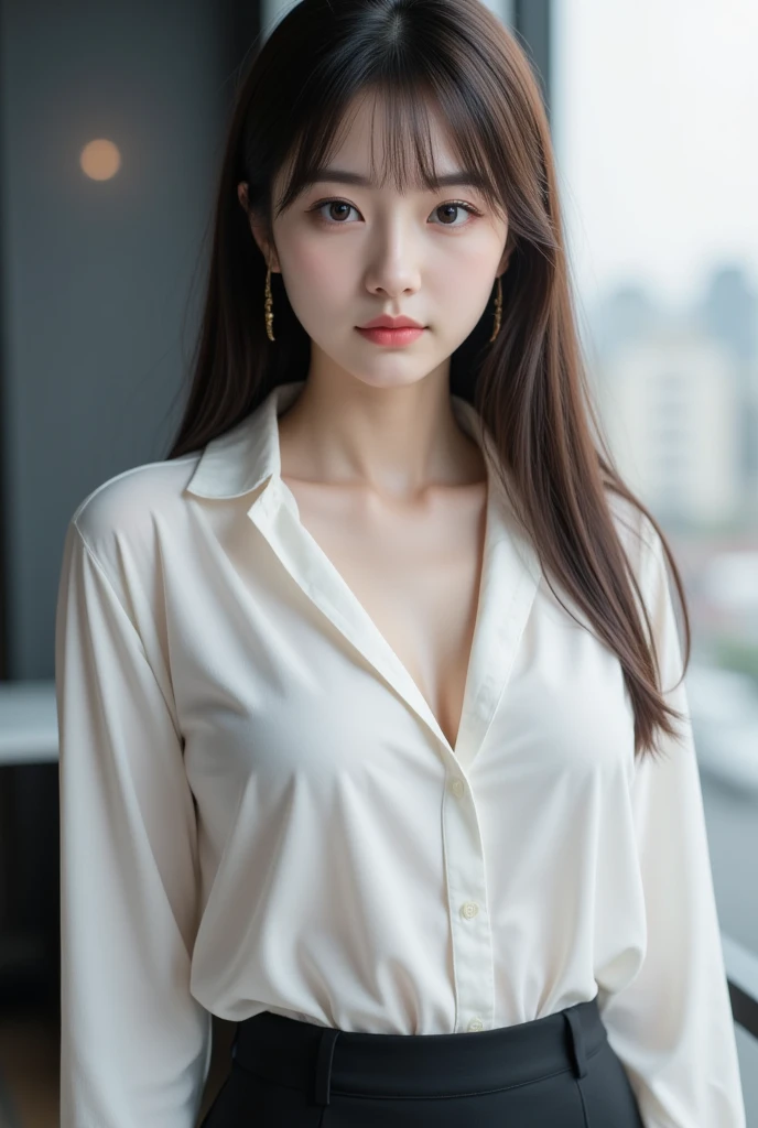 1girl, woman, masterpiece, best quality, highest quality, cinematic lighting, (volumetric lighting), extremely detailed CG unity 8k wallpaper, focused, 8k wallpaper, extremely detailed, ultra realistic, photorealistic, sharp focus, absurdres, (HDR:1.2), (high contrast), photograph, detailed and intricate, instagram, portrait, highly detailed, digital painting, artstation, concept art, smooth, sharp focus, illustration, cinematic lighting, (Large breast:1.2), medium shoulder, show thighs, full body show, shirt, short skirt.