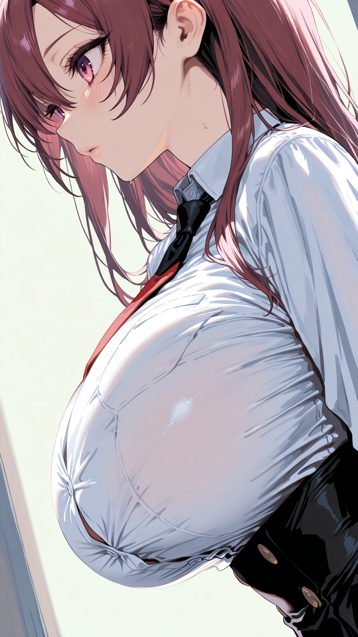 heterosexual couple having sex, 1girl (takashirohiroko, red hair, round green earrings, red pencil skirt, head tilted back and looking upwards, back arching slightly back, eyes closed, ((naked)), ((facial expression : blushing, having orgasm)), black thigh highs, garters), man sucking breast, breast sucking, 1boy (blue hair, school uniform, grabbing woman's breast, fingering girl's ), from side, upper body, backlighting, masterpiece, best quality, highly detailed, nsfw, in a classroom, sweating, 