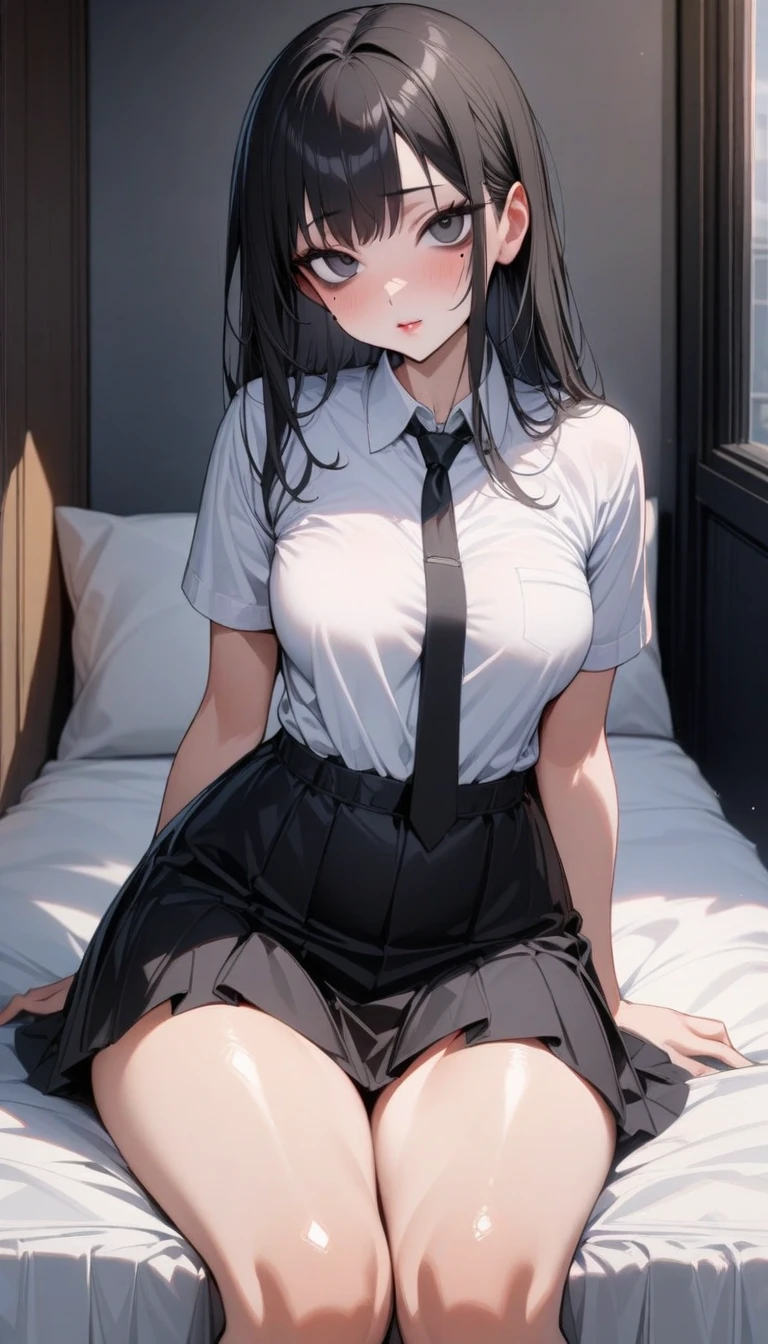 ((nsfw, masterpiece, best quality)), ((super high resolution)), (photo realistic), best shadow, (sharp sketch, illustration:1.2), high detail, very detailed, (nice hands, perfect hands), (POV, face focus:1.4), ((1girl and 1 boy)), beautiful girl, 20 years old, green eyes, (black long hair:1.5), (small breasts:1.3), glossy skin, ((view from below:1.5)), (very slender:1.3), (beautiful adolt face:1.3), famous idol, thin lips, detailed facial features, facial and skin texture, Crisp focus, perfect beautiful body and face, pink small nipple, beautiful face, perfectly in focus, long bangs, underhair, (in the bedroom:1.3), all body, ((happy:1.4)), (sweat:1.5), ((lying:1.5)), ((penis)),  ((vaginal)), ((sex:1.5)) , open mouth, (school costume:1.5), ((show off nipple:1.4)), (skirt lift:1.4), (spread legs:1.5)