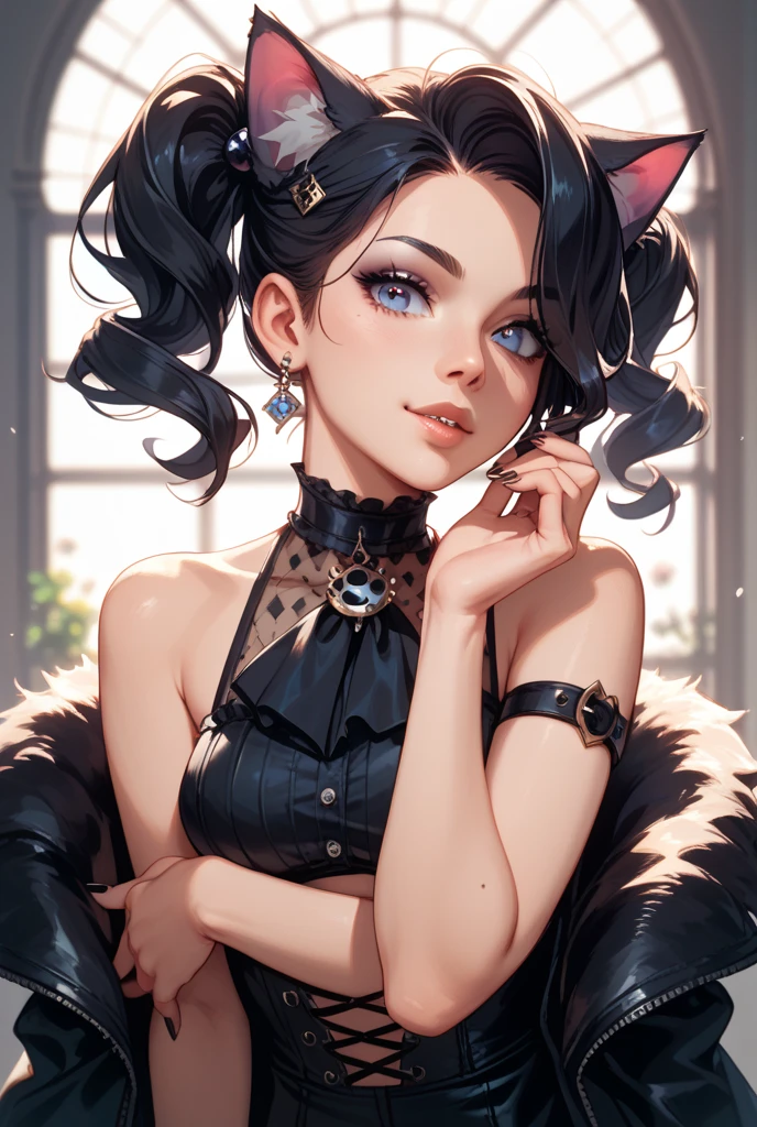 Adult girl, short black hair, high ponytail, blue eyes, cat ears, dark dress, open shoulders, stern look, masterpiece, high quality, purple dress