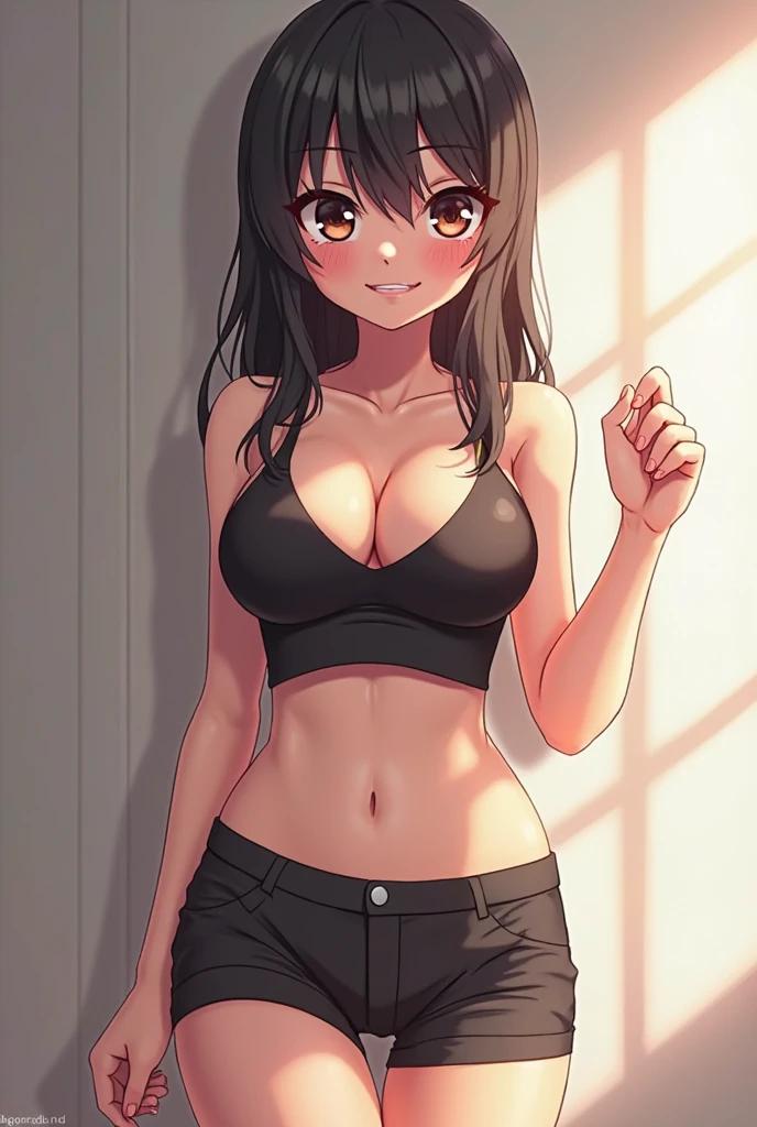 Amazing portrait of a sexy woman wearing her luscious black hair in a ponytail, seductively gazing and smiling, soft lips, parted, blushing intensely, smiling, black crop top, black cargo pants, black short shirt, medium chest, cleavage, perfect body