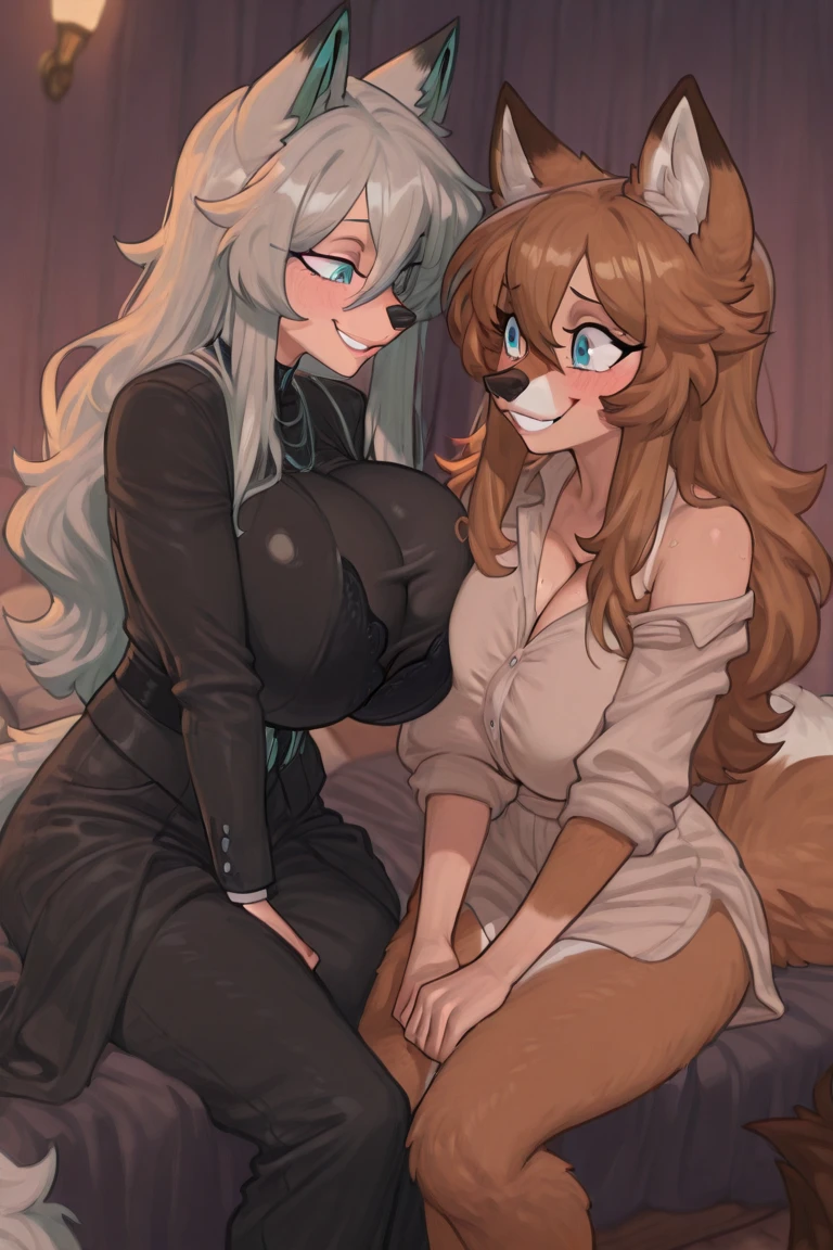 (hi reasterpiece)) , ((best quality)), beautiful eyes, illustration, furry, german shepherd, dog, anthro, 2 girls, silver earring , size difference, kissing focus, grey hair, hair between eyes, shiny eyes, long hair, indoors, multiple hair styles, bedroom,night scenery, moon on windows, golden pendant, nipples , open mouth, different breasts size,babydoll dress, sexy panties, nipples, small breasts, horny face, torn panty, , lift tail, full body, lingerie, slightly chubby, tongue out, nsfw, kissing, hand on breast, Full Nelson pose,